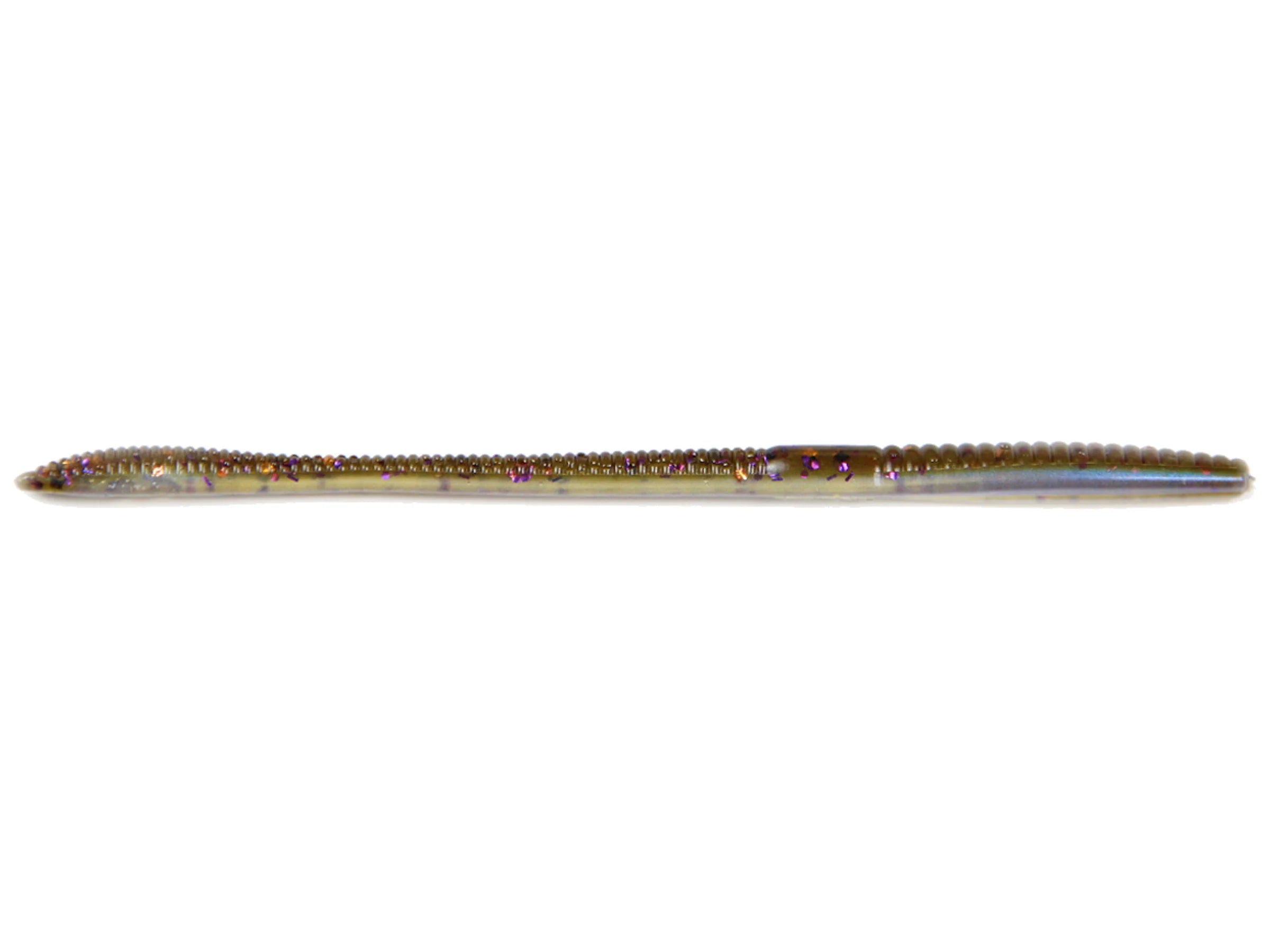 X-Zone Deception Worm fishing lure in translucent green with specks of purple and a segmented, ribbed body designed for realistic movement in water.
