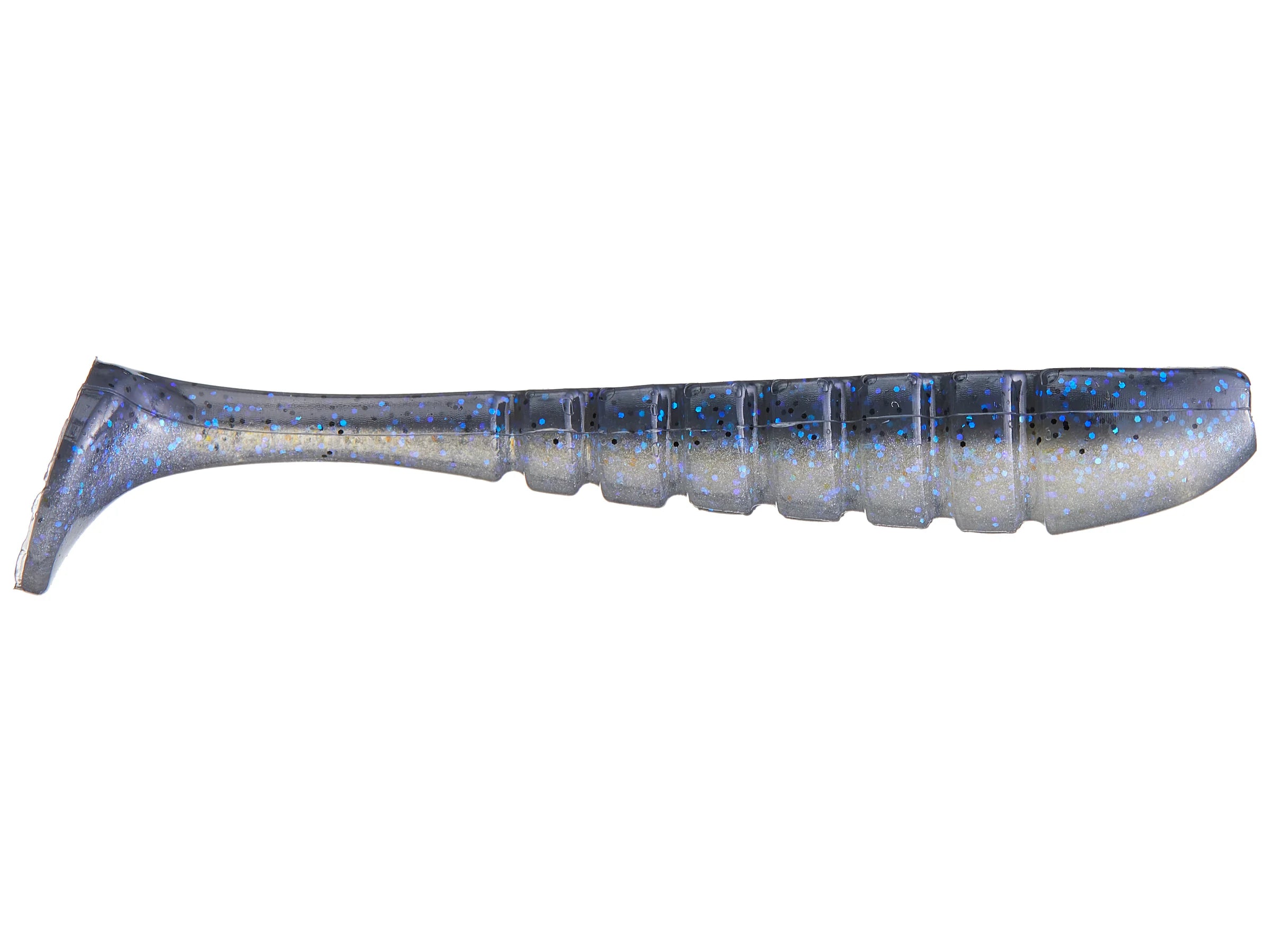 Soft plastic fishing lure in translucent blue and gray with black and blue speckles, designed as the X-Zone Pro Series Swammer for musky fishing tackle.