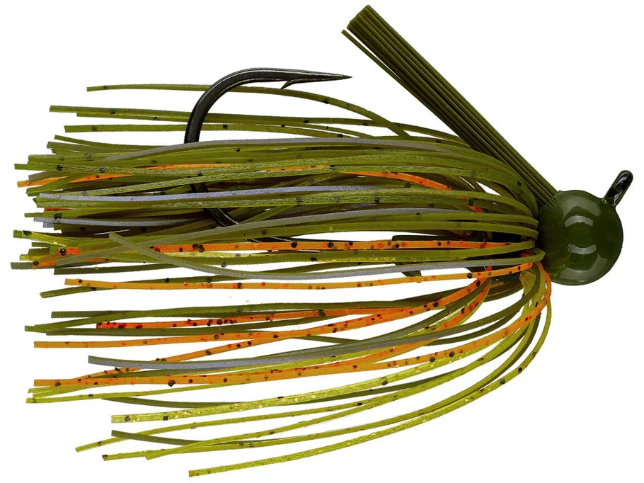 Dirty Jigs Weekender Football Jig fishing lure with olive green and orange skirt, black speckles, and a curved hook designed for freshwater fishing tackle.
