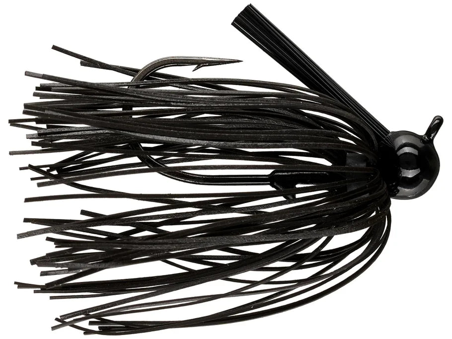 Dirty Jigs Weekender Football Jig featuring a black skirt with flexible strands and a weighted football-shaped head designed for effective fishing tackle use.