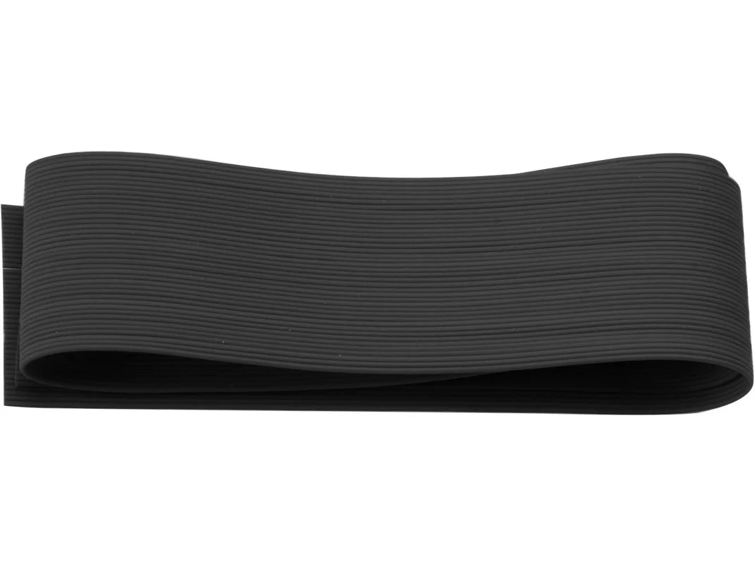 Wapsi Round Rubber Legs Medium in black, shown as a flat, flexible strip with a ribbed texture, designed for use as fishing tackle material in fly fishing and musky lure making.