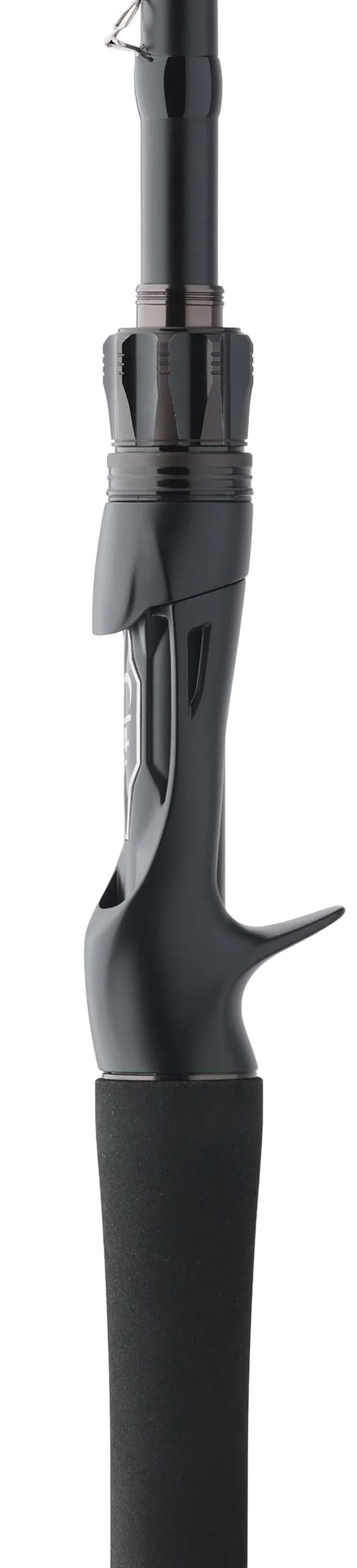 Close-up view of the handle and reel seat of a Shimano Zodias B - Casting fishing rod featuring a sleek black ergonomic grip with a trigger-style handle designed for comfortable casting and precise control.