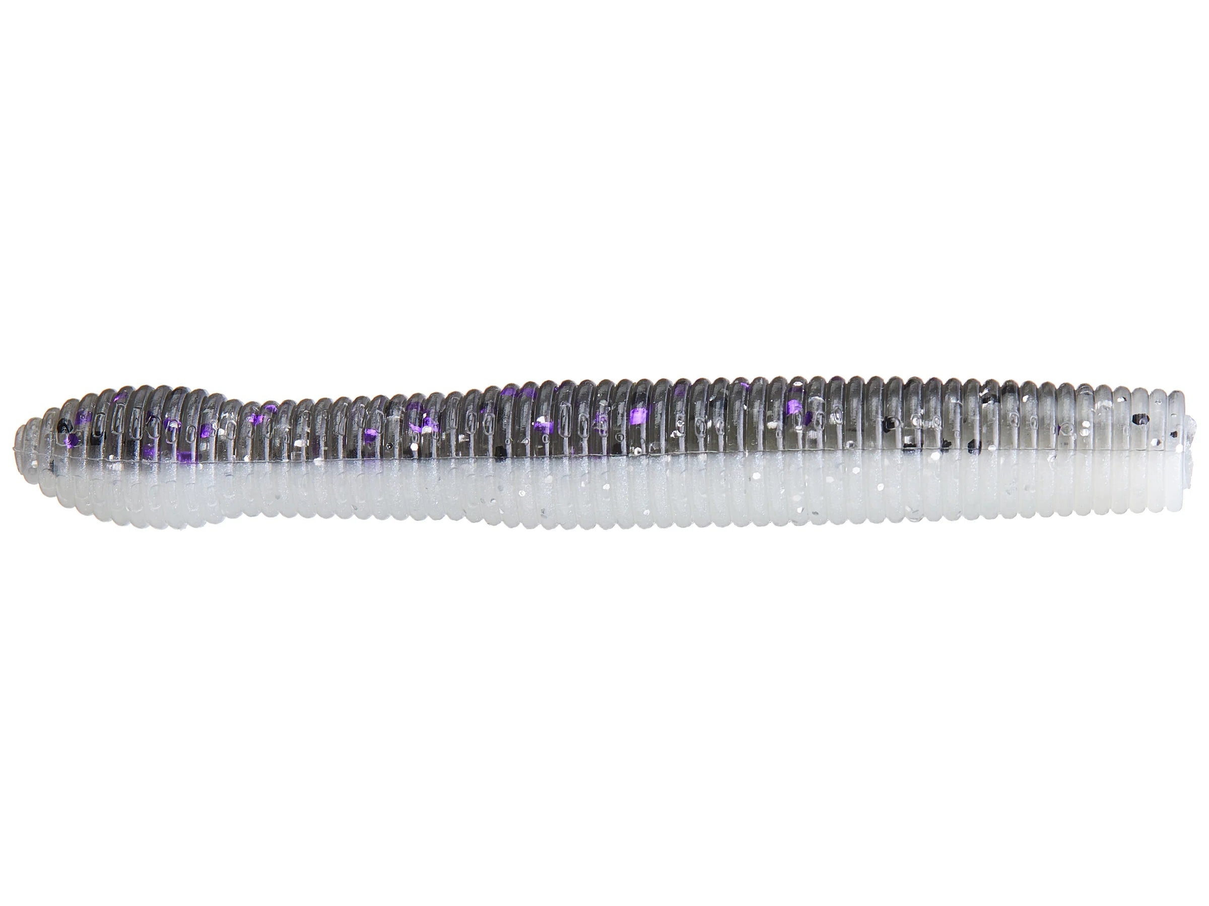 Soft plastic fishing lure in translucent white and dark grey with purple flakes, designed for freshwater fishing, labeled X-Zone Ned Zone.