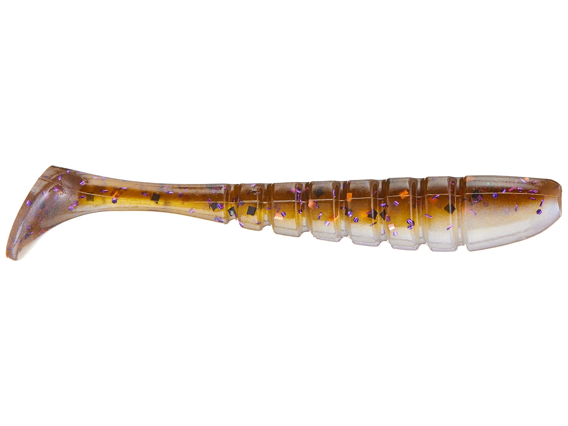 X-Zone Pro Series Swammer fishing lure in translucent brown with segmented body and purple glitter accents, designed for effective musky fishing tackle.