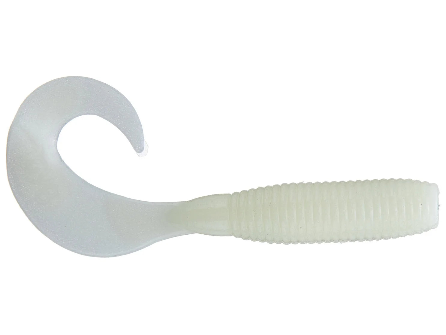 Yamamoto Single Tail Grub soft plastic fishing lure in white with a ribbed body and curled tail designed for lifelike movement in water, ideal for fishing tackle use.