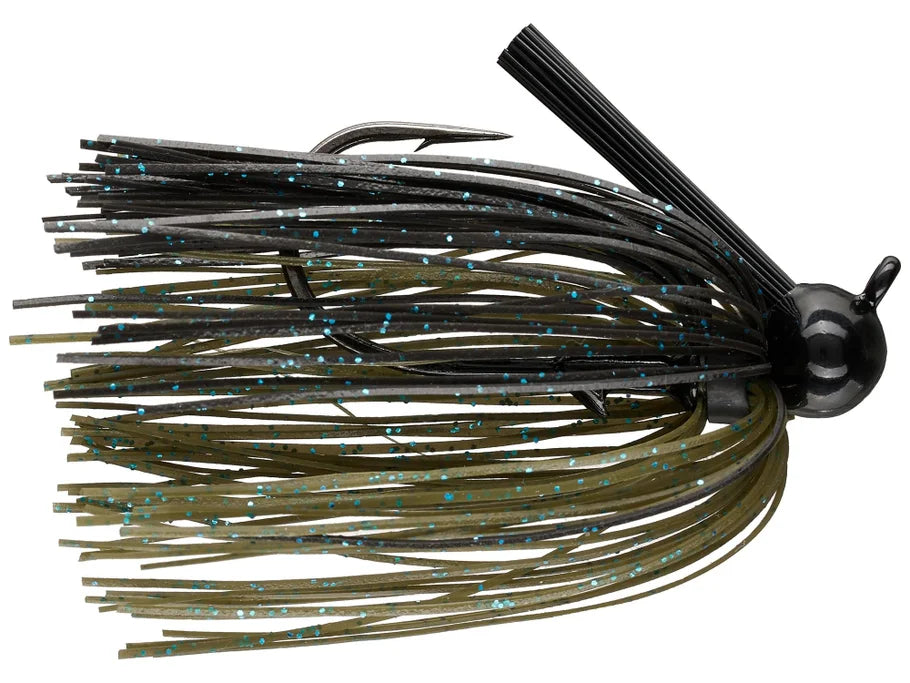 Dirty Jigs Weekender Football Jig featuring black and olive skirt with blue flecks, a weed guard, and a compact football-shaped head designed for fishing tackle.