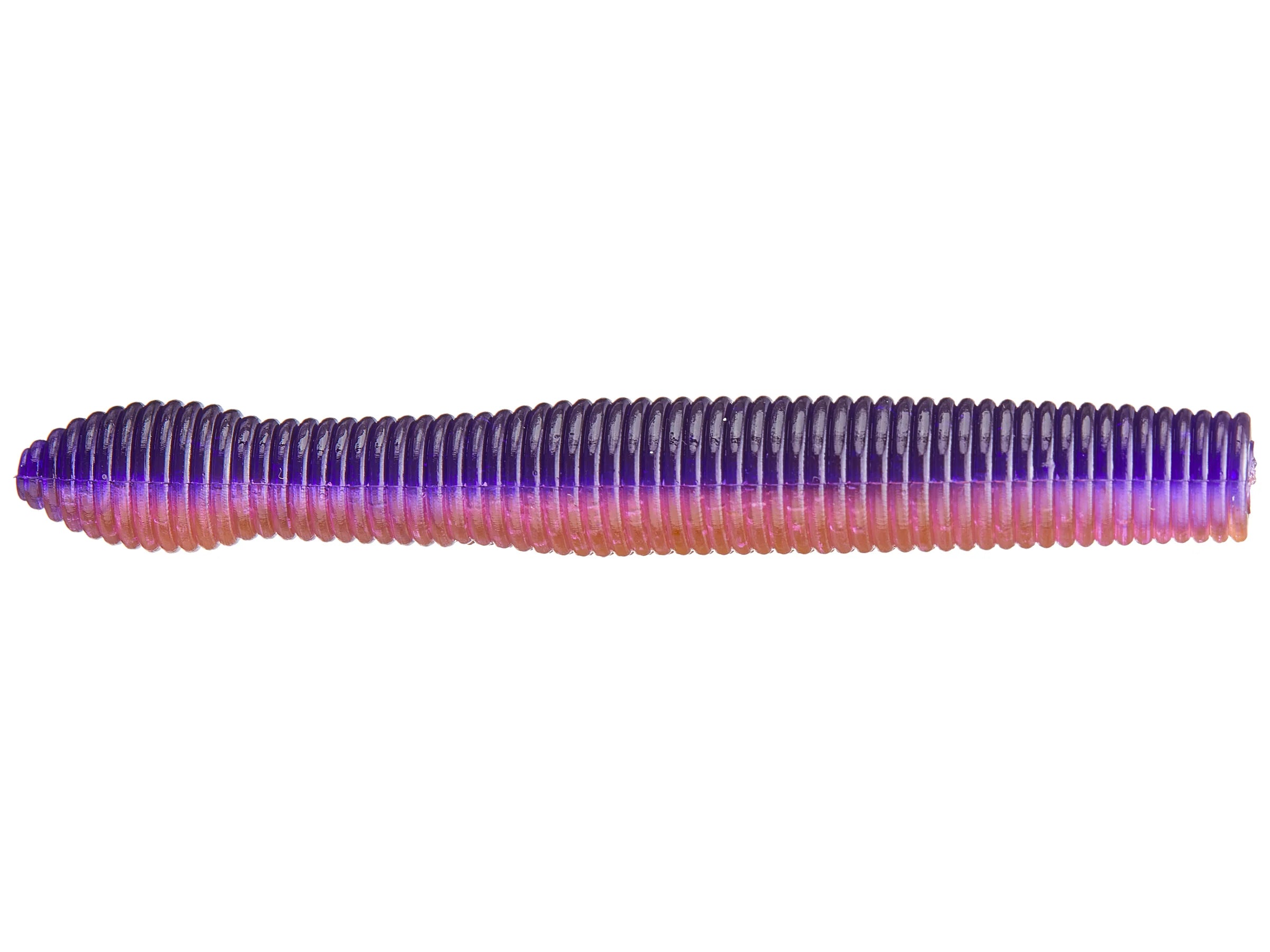 X-Zone Ned Zone fishing lure in purple and orange colors, ribbed soft plastic body designed for musky and freshwater fishing tackle.