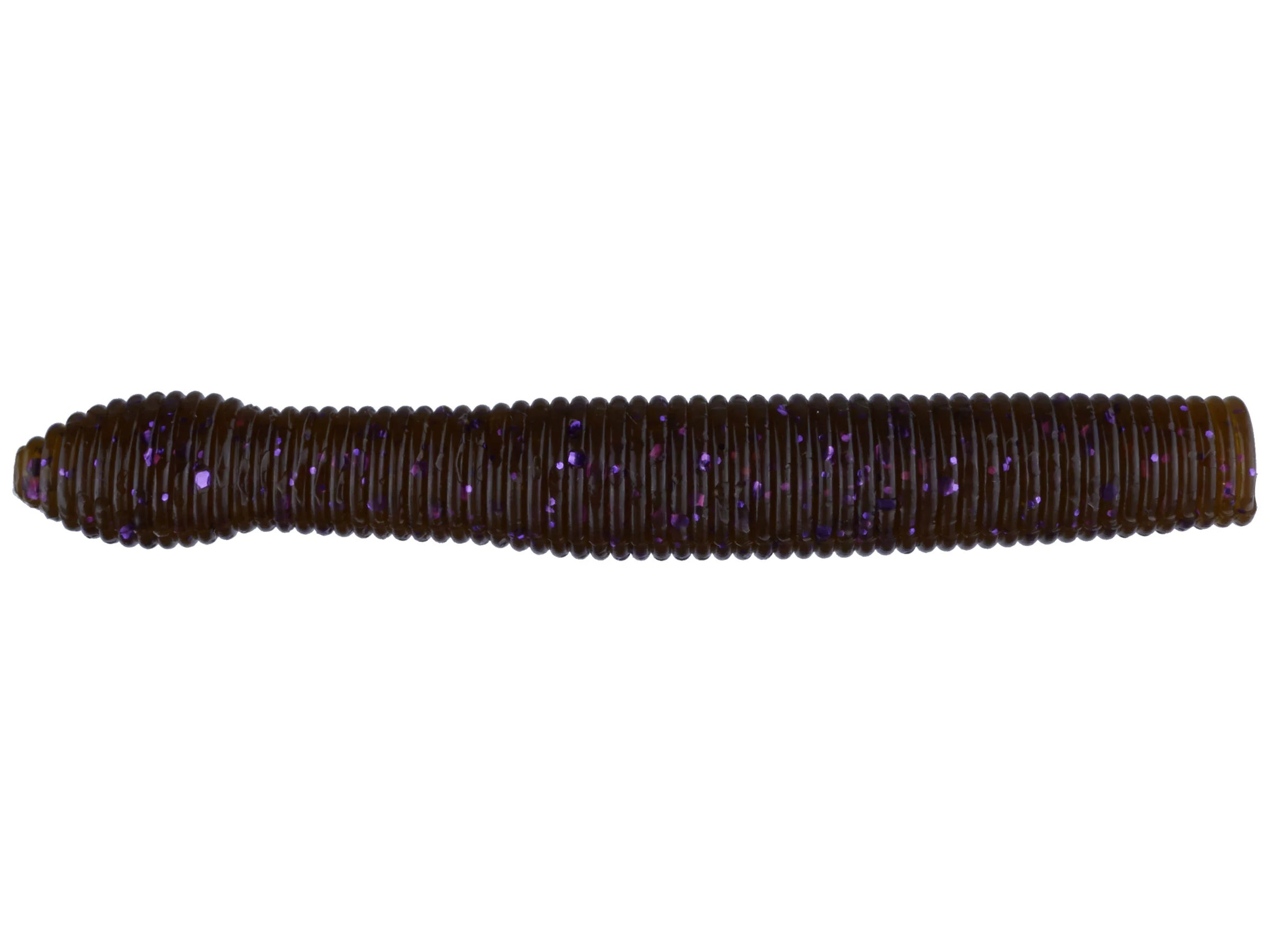 X-Zone Ned Zone fishing lure in dark color with purple flecks, ribbed soft plastic designed for freshwater fishing to attract musky and other game fish.