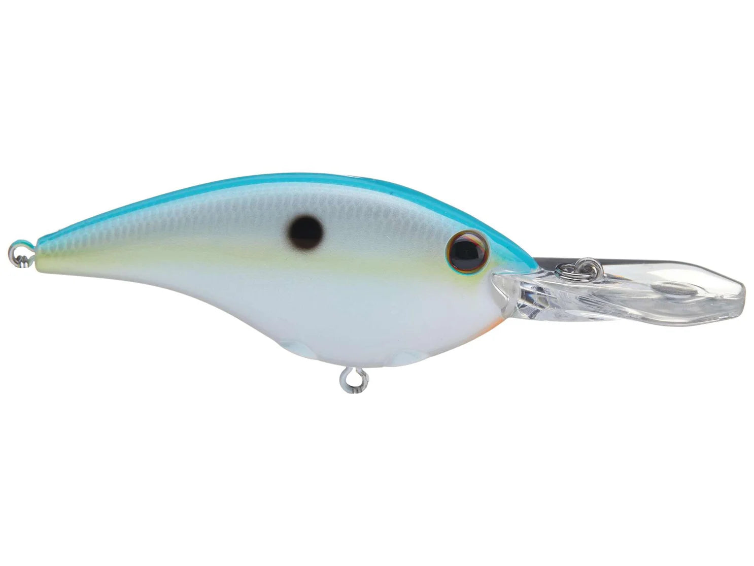 Berkley Frittside 9 Crankbait fishing lure with a blue and white body, realistic eye detail, black spot, and a clear plastic diving lip for deep water fishing.