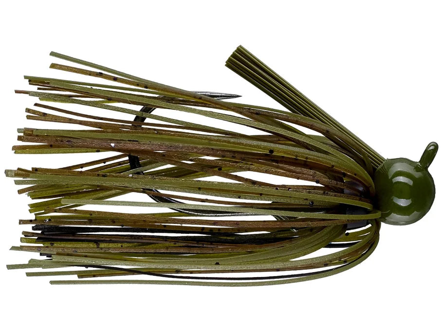 Dirty Jigs Weekender Football Jig featuring an olive and brown skirt with a green football-shaped head and a sharp fishing hook, designed for effective fishing tackle use.