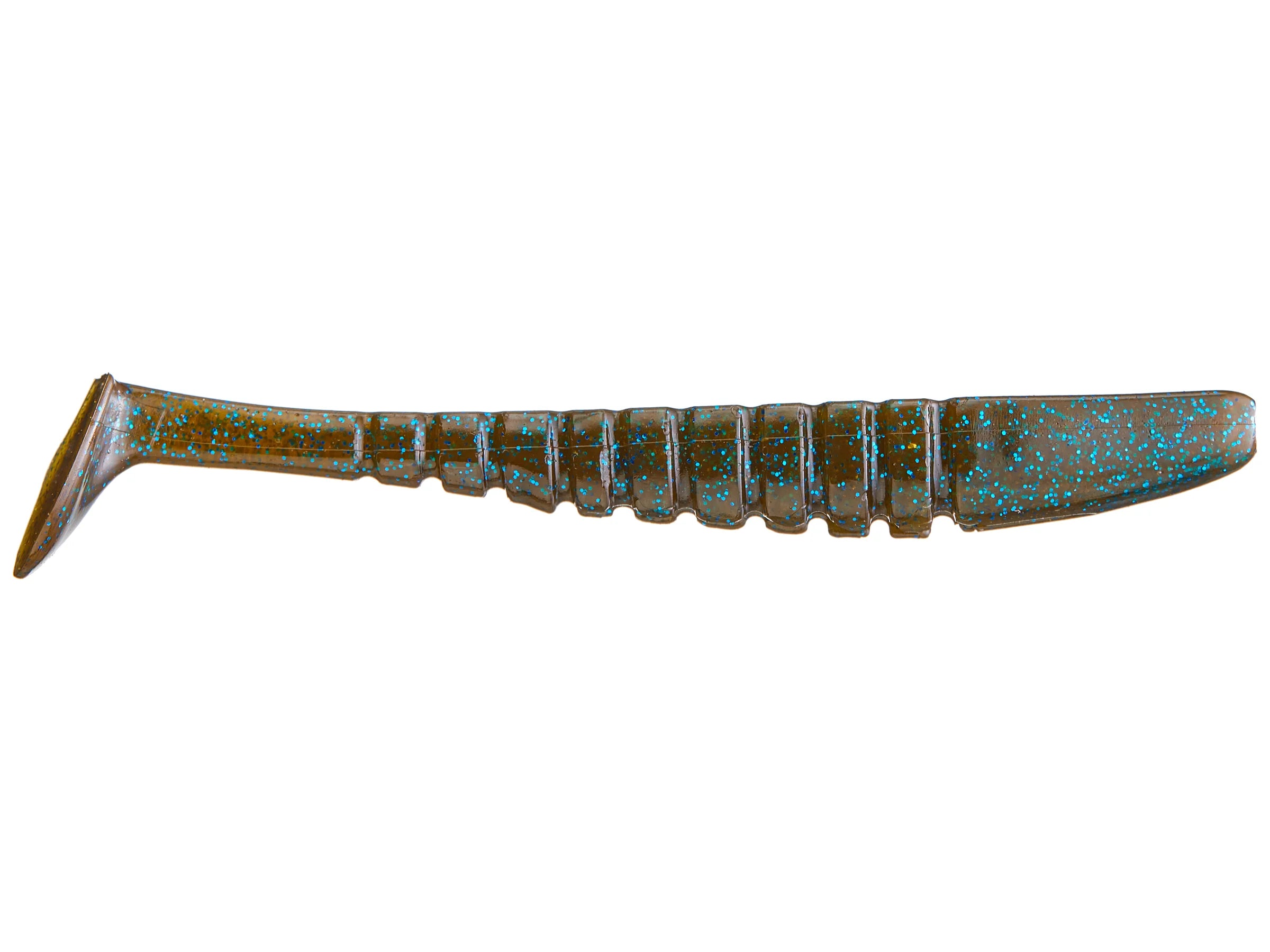 X-Zone Pro Series Swammer soft plastic fishing lure in brown with blue flecks, ribbed body, and paddle tail designed for lifelike movement in water.