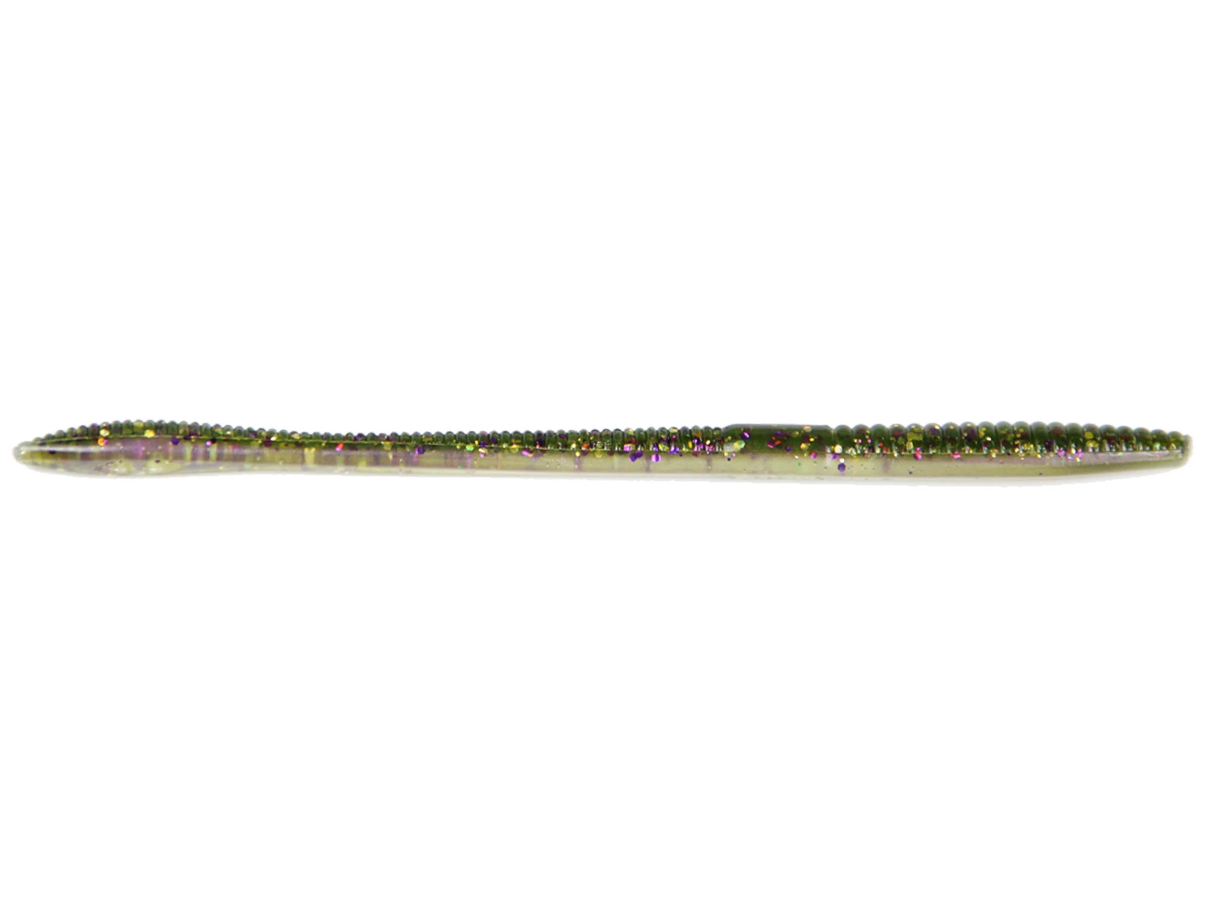 X-Zone Deception Worm fishing lure with a slender, ribbed body featuring a greenish hue and purple glitter accents, designed for effective fishing tackle use.