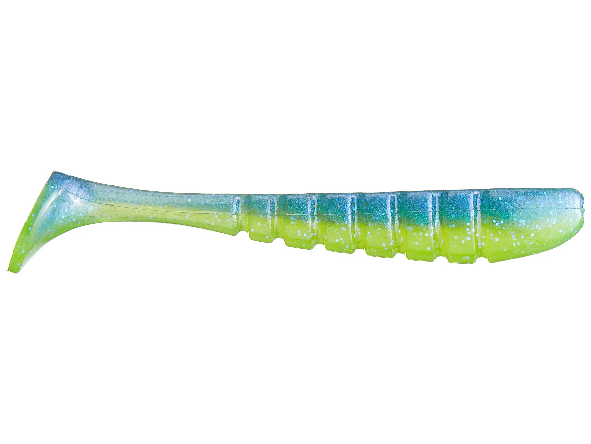 X-Zone Pro Series Swammer soft plastic fishing lure in a translucent blue and green gradient with textured ribbing and paddle tail for lifelike movement in water.