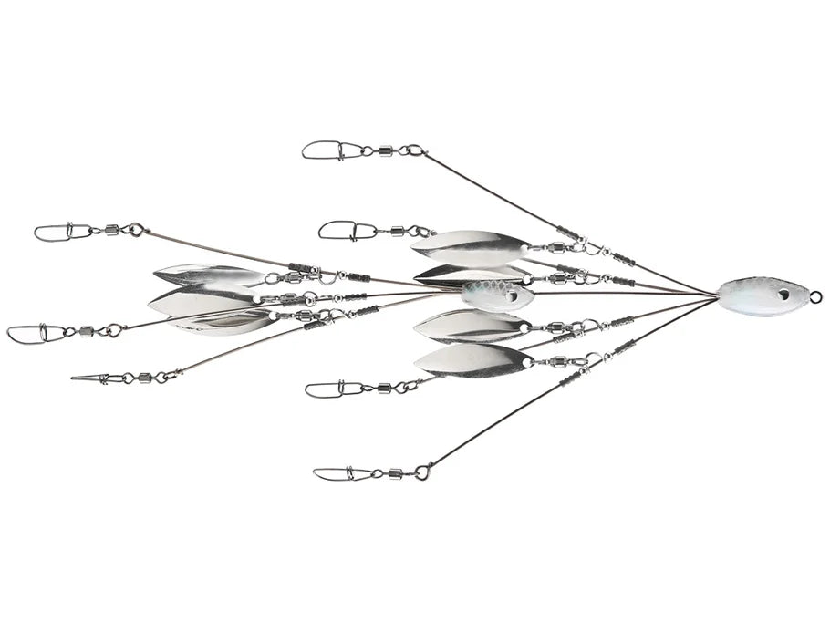 Hog Farmer Harvester Rig fishing lure featuring multiple silver spinner blades attached to a weighted head, designed for musky fishing with durable wire arms and swivels.