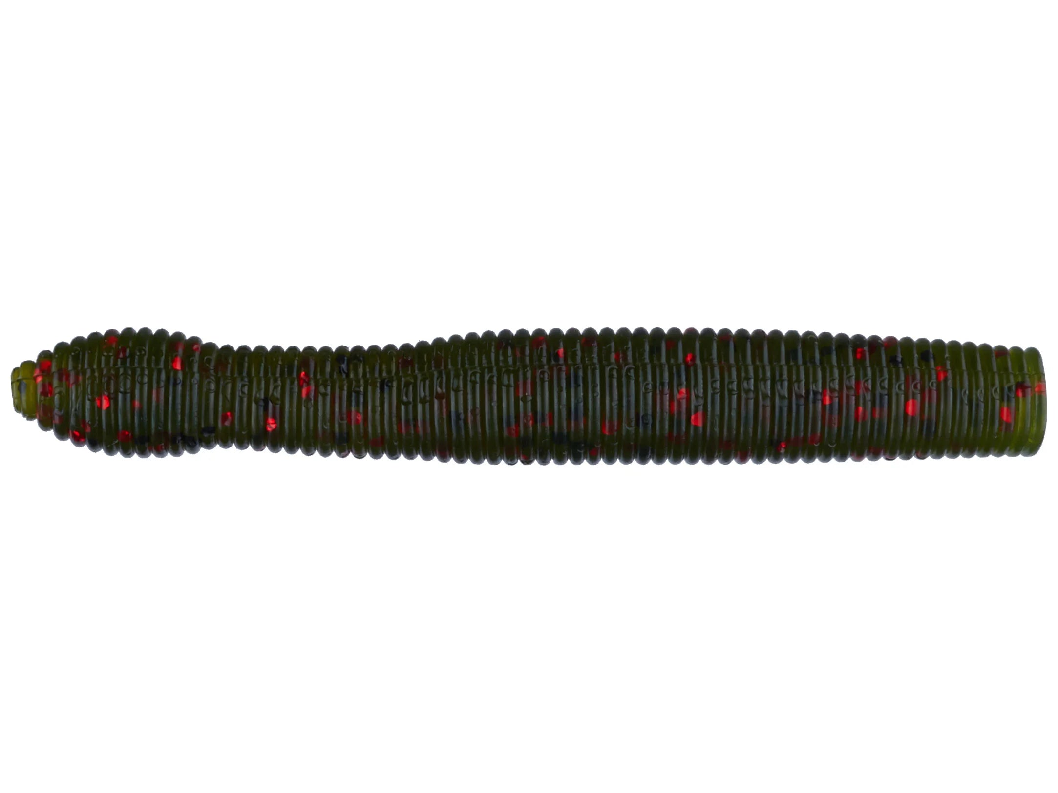 X-Zone Ned Zone soft fishing lure in dark green with red specks, designed for freshwater fishing to attract musky and other game fish.