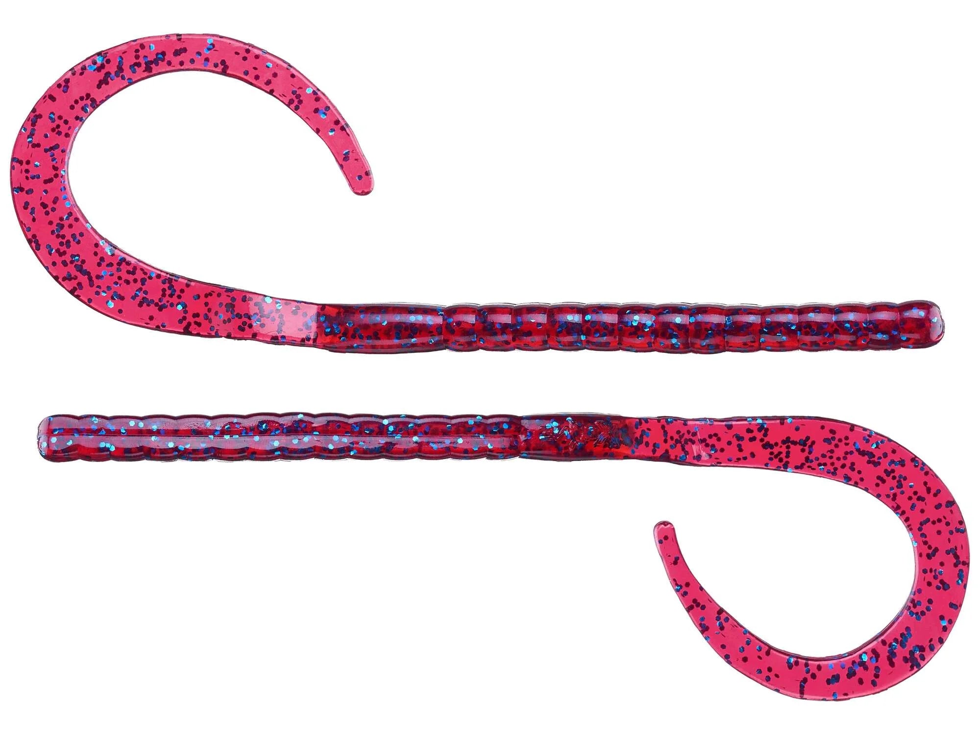 Two flexible, segmented soft plastic fishing lures in bright pink with blue speckles, each featuring a long curved tail, designed as X-Zone Blitz Worm fishing tackle.