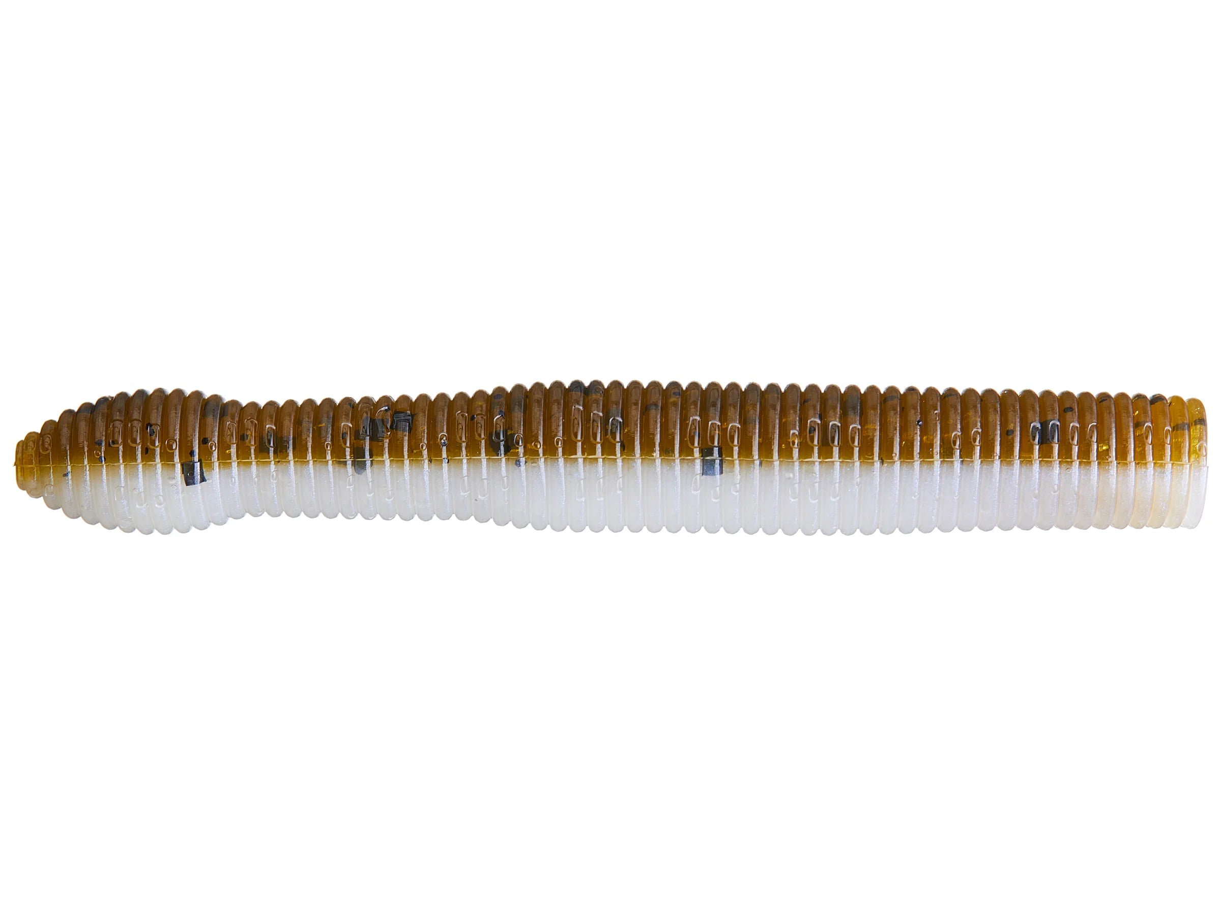 X-Zone Ned Zone soft fishing lure in segmented light brown and white color, designed for freshwater fishing tackle use in catching musky and other game fish.