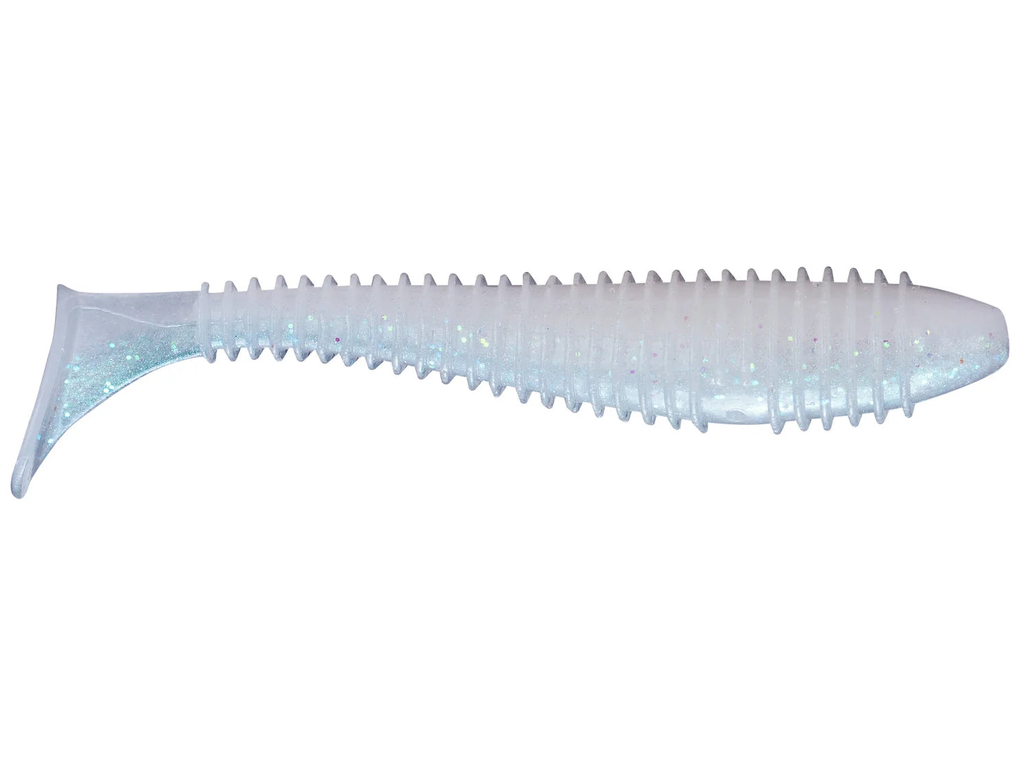 Keitech Fat Swing Impact 3.3" soft plastic fishing lure in translucent light blue with ribbed body and paddle tail, designed for effective movement in fishing tackle setups.