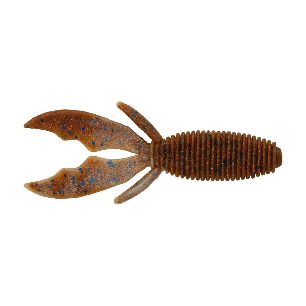 Close-up of a brown and blue speckled Berkley PowerBait MaxScent Creature Hawg fishing lure with textured segmented body and two large paddle-like appendages designed for fishing tackle.