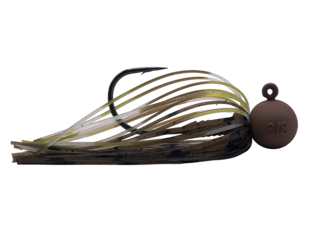 Beast Coast Compound O.W. Sniper Football Jig featuring a camo skirt and a rounded weighted head, designed for effective fishing tackle use in musky and freshwater fishing.