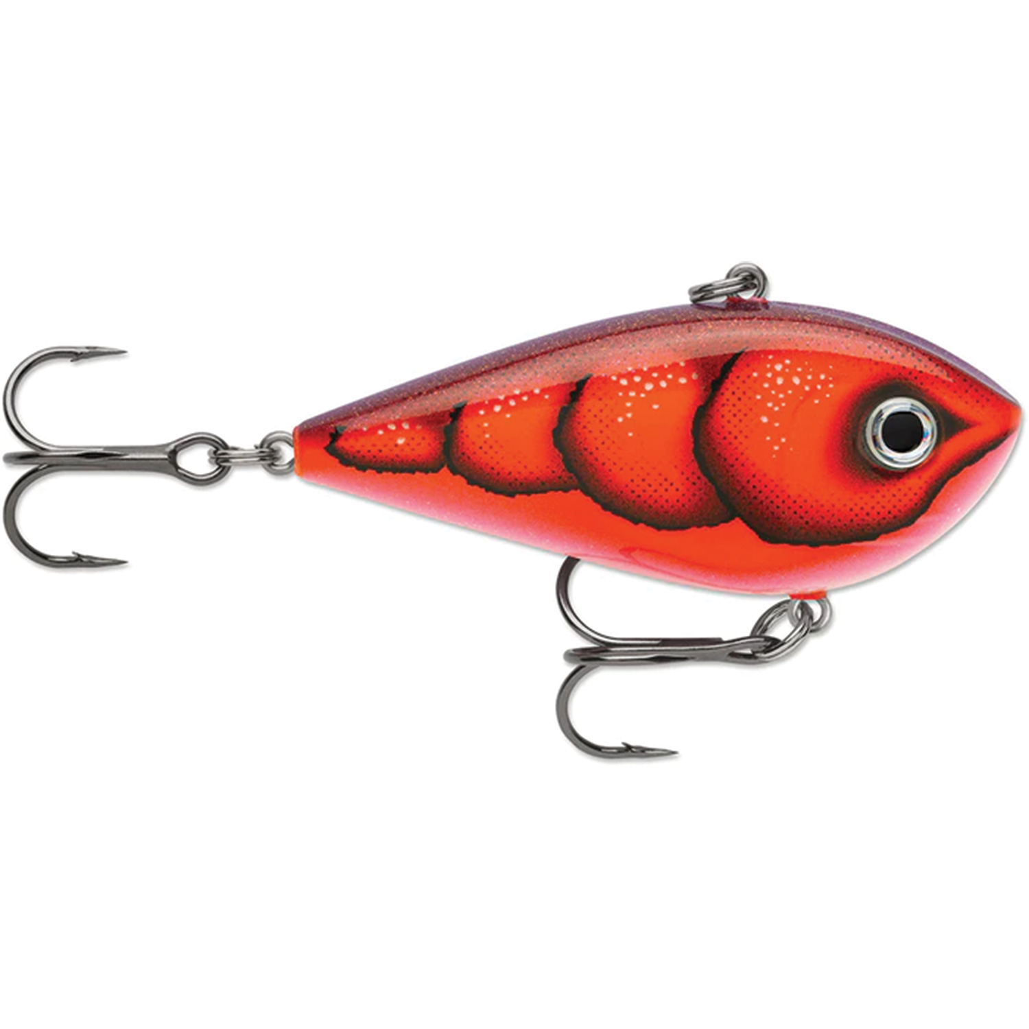 Rapala Snare Lipless Crankbait fishing lure in vibrant red with black scale pattern and two sharp treble hooks, designed for effective fishing tackle use.