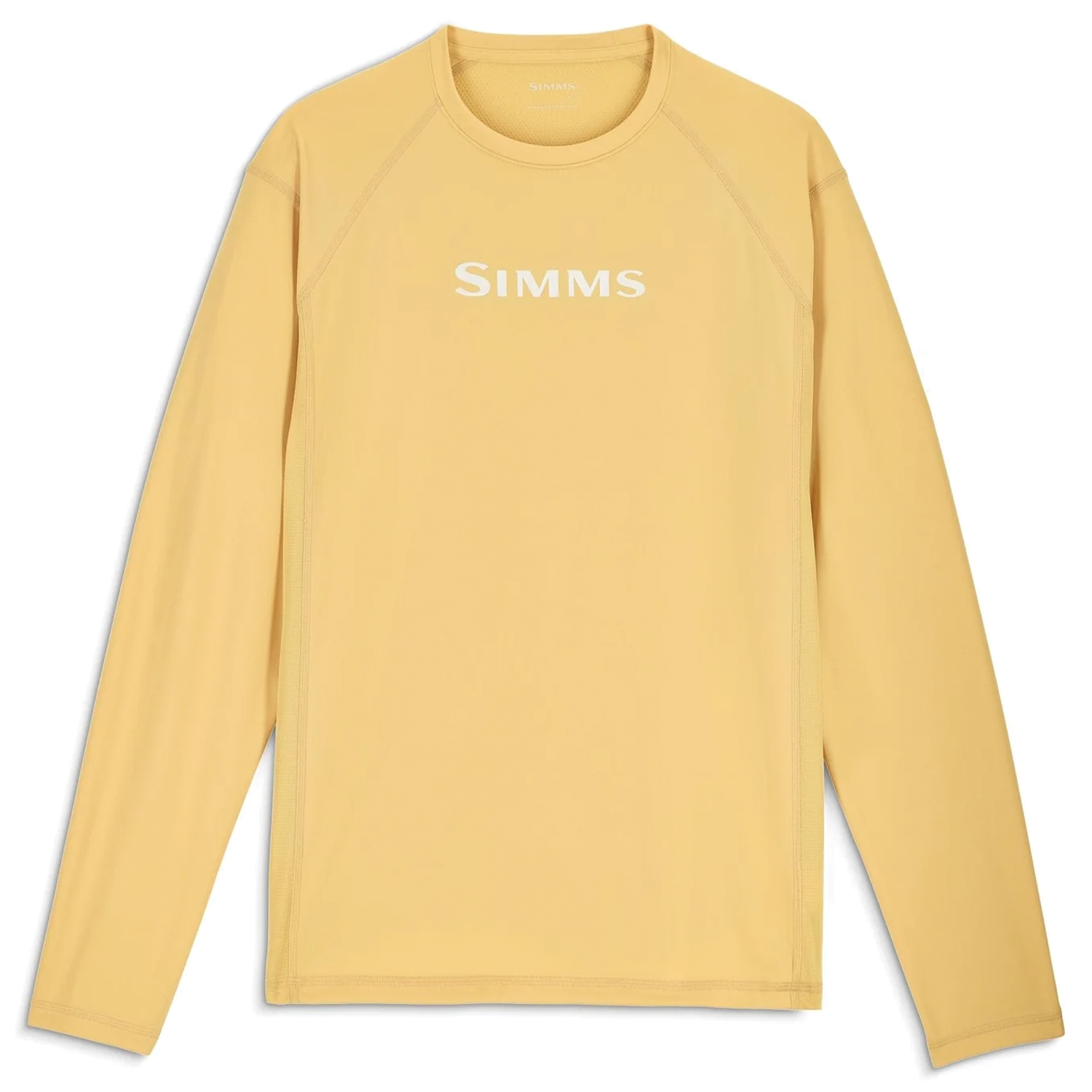 Simms Challenger Solar Crewneck - Men's in light yellow, long-sleeve fishing shirt with crew neck and white Simms logo on chest, designed for sun protection during fishing activities.