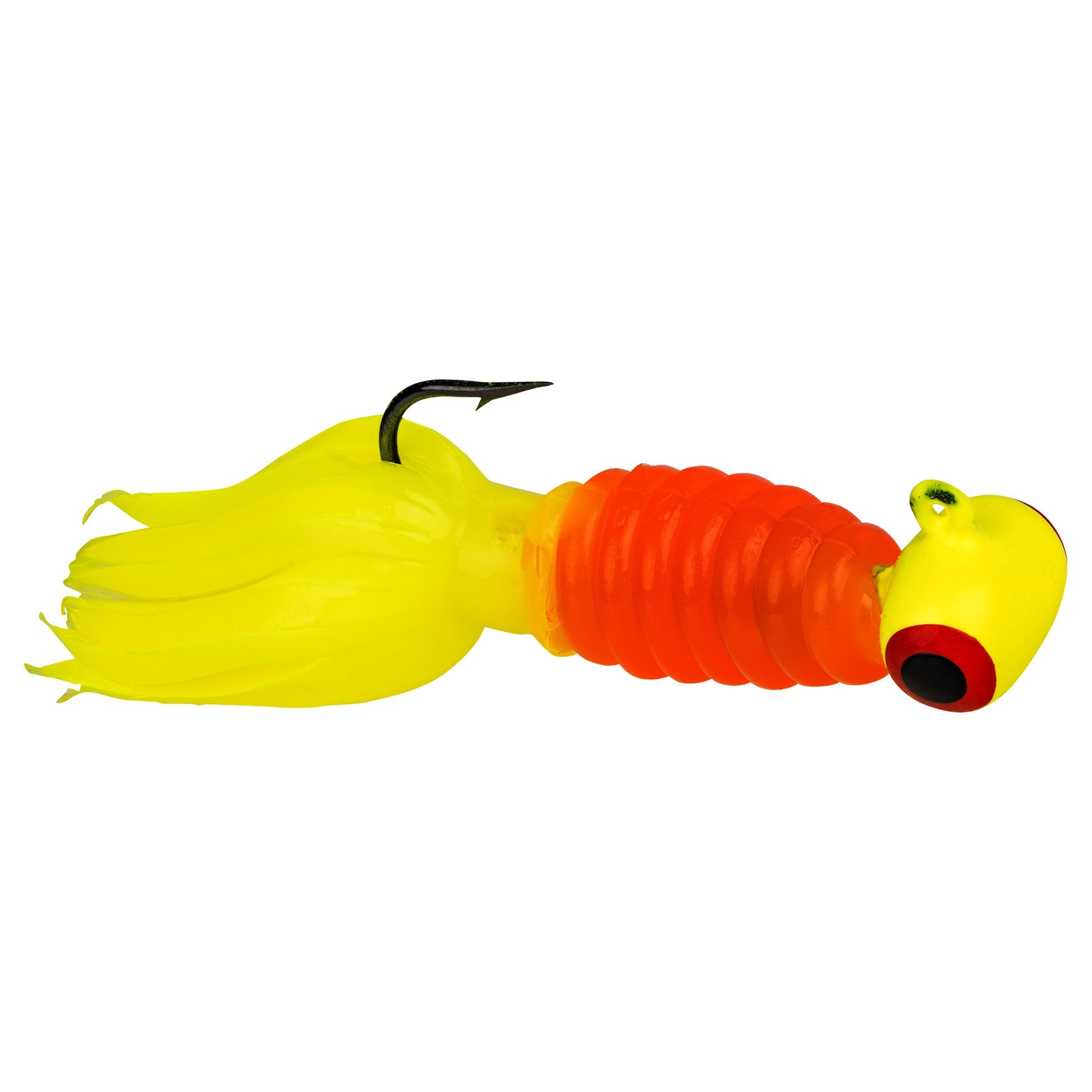 Strike King Mr. Crappie Sausage Head fishing lure with bright orange segmented body, yellow head and tentacle-like tail, featuring a single sharp hook for effective fishing tackle.