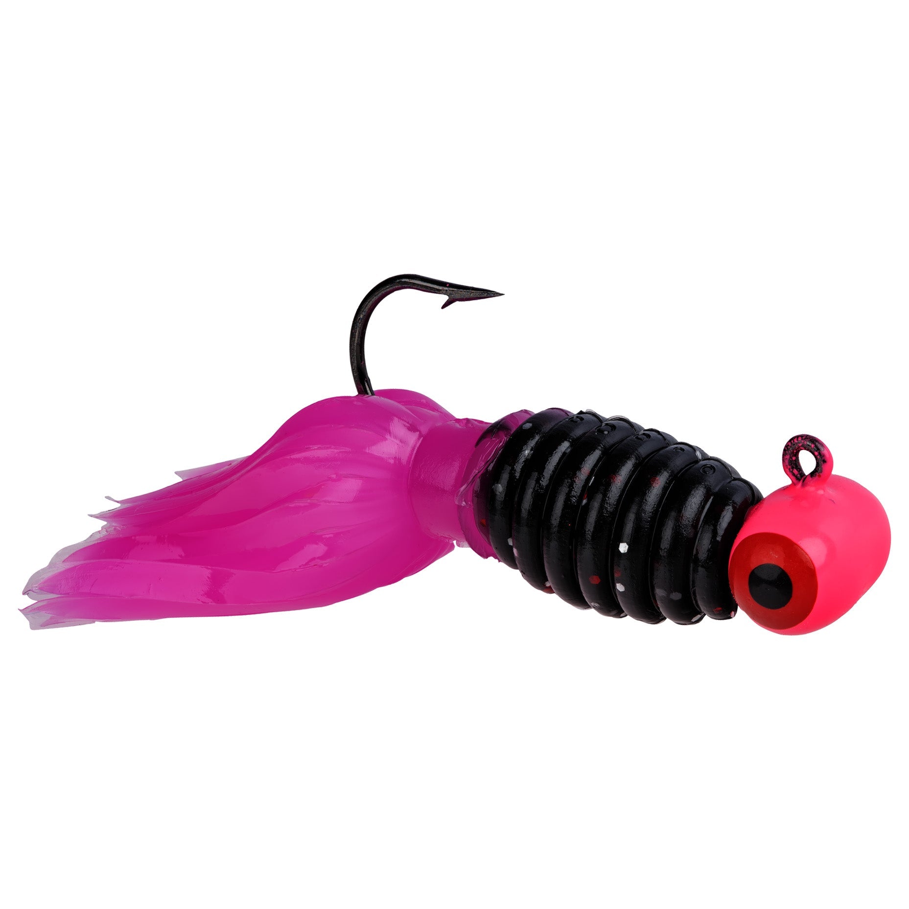 Strike King Mr. Crappie Sausage Head fishing lure with bright pink tail, ribbed black body, and red head featuring a single sharp hook for effective fishing tackle use.