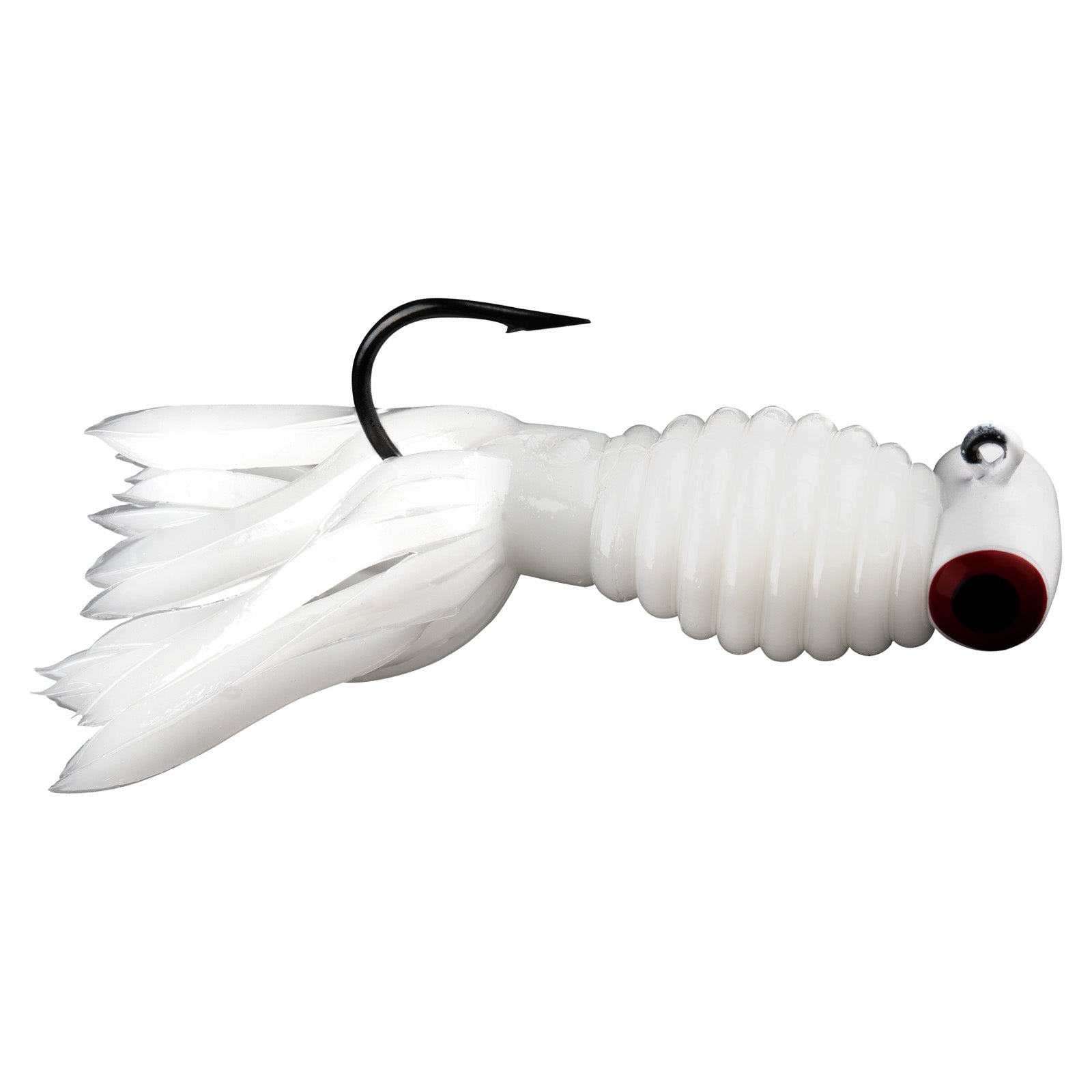 Strike King Mr. Crappie Sausage Head fishing lure in white, featuring a ribbed body, multiple soft skirt appendages, a red and black eye, and a sharp black hook for effective fishing tackle.