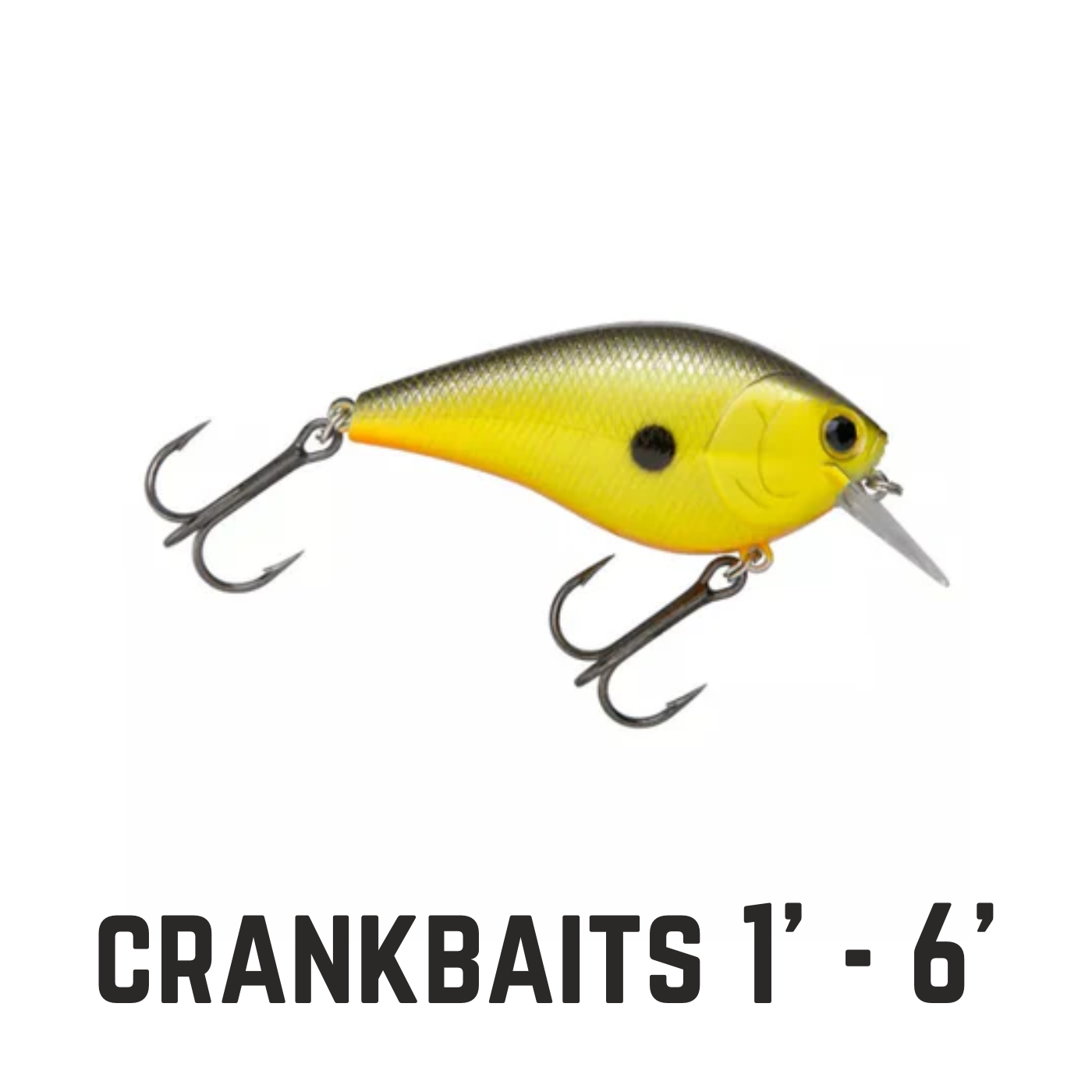 yelllow and black crankbait with text overlay crankbaits 1'-6'