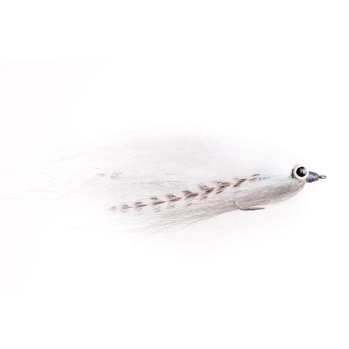 Fishing lure "Stay Hungry #2" designed with soft white and gray feathers, realistic eye detail, and a sharp hook, ideal for musky fishing tackle.