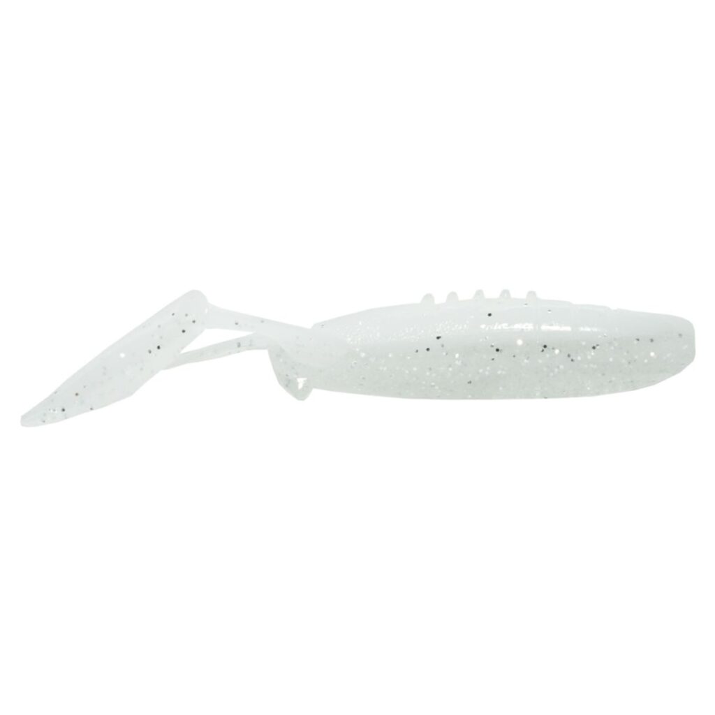 Keitech 3.5" Glide Camaron soft fishing lure in translucent white with black speckles, designed for lifelike movement in fishing tackle applications.