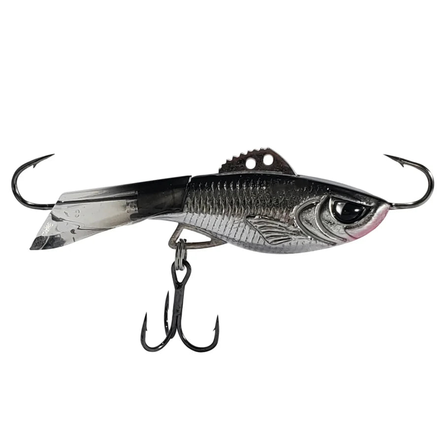Acme Hyper Rattle fishing lure with realistic silver fish design black accents reflective tail and multiple hooks for musky fishing tackle