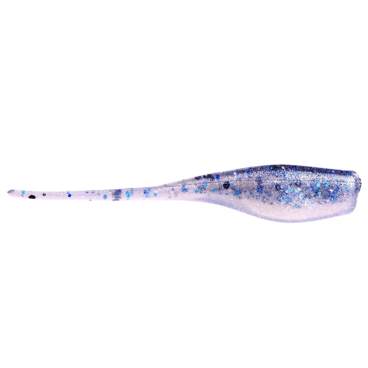 Soft plastic fishing lure in translucent light purple with blue and black glitter accents, designed for freshwater fishing, identified as Strike King Mr. Crappie Lightning Shad.