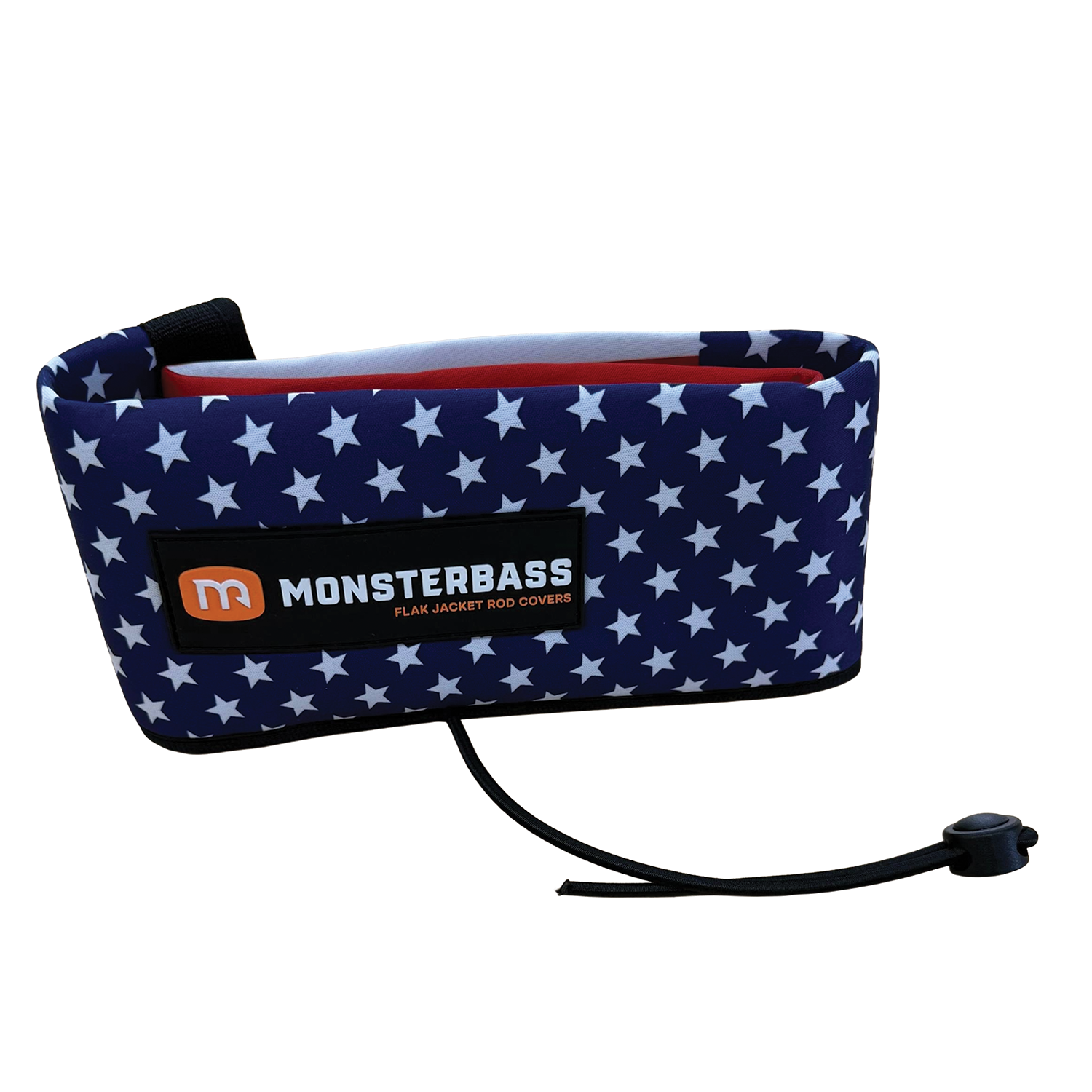 Monsterbass Flak Jacket Rod Covers - Spinning fishing rod cover with a blue and white star pattern, padded for protection and featuring an adjustable cord for a secure fit.