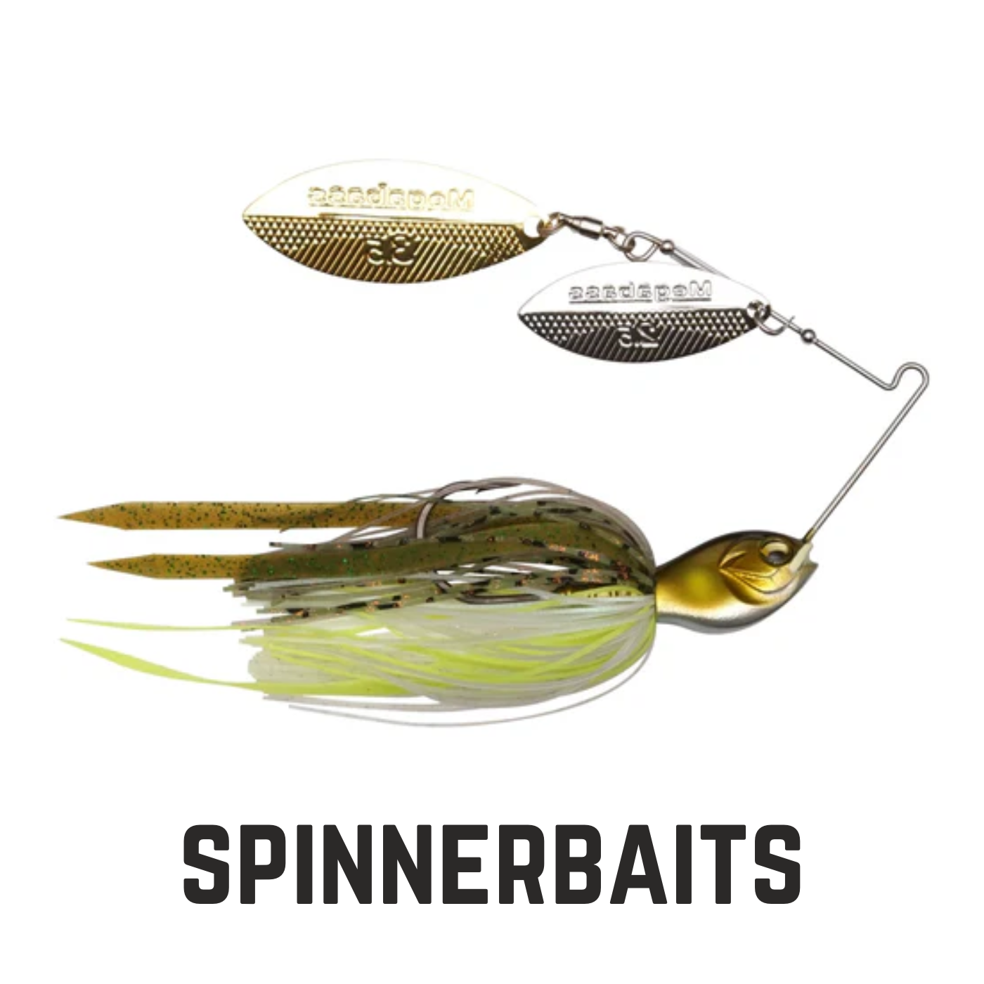 megabass spinner bait with green/yellow skirt 2 blades 1 silver 1 gold with text overlay spinnerbaits