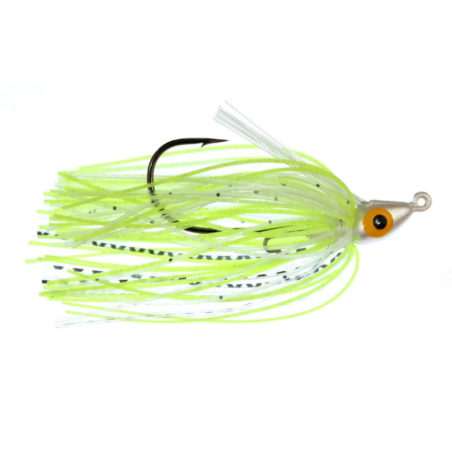 Lethal Weapon II Swim Jig fishing lure with chartreuse and white silicone skirt, bright yellow eye, and sharp black hook designed for musky and other game fish.