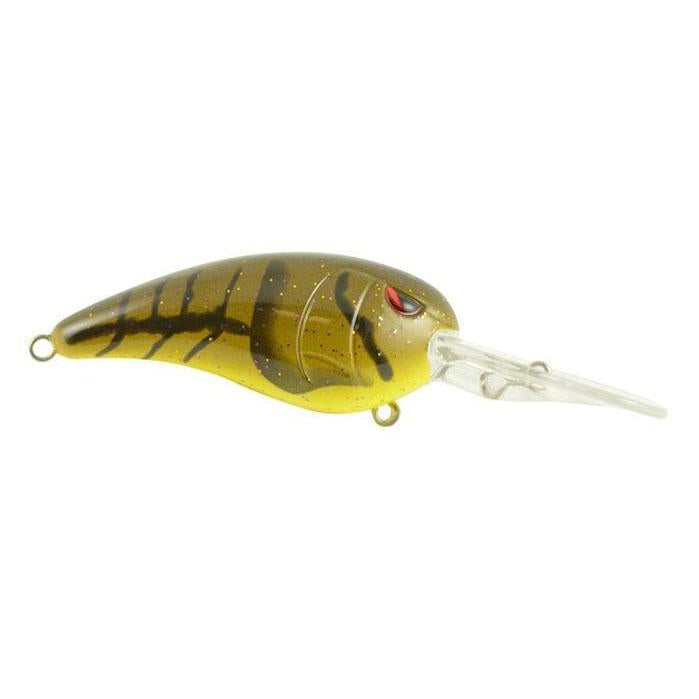 SPRO RkCrawler 55 Crankbait fishing lure with a yellow and brown body, black striping, red eyes, and a clear diving lip designed for freshwater fishing tackle.