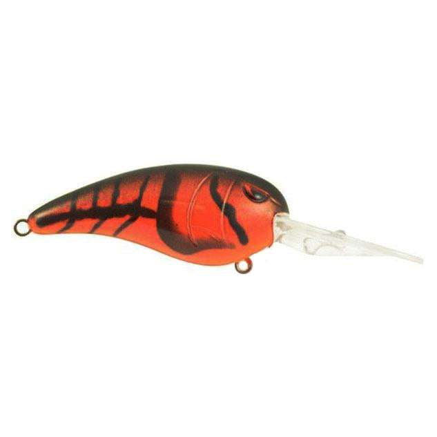 SPRO RkCrawler 55 Crankbait in a red bug pattern with black stripes, featuring a curved body and a clear extended lip for diving, designed for fishing tackle use.