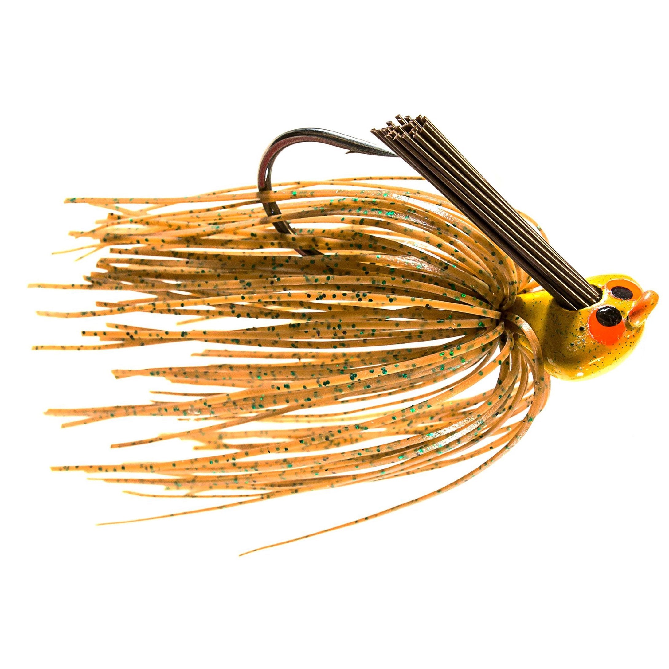 Z-Man CrossEyeZ Flipping Jig fishing lure with a detailed weed guard, realistic orange and gold head, and a skirt made of tan strands with green flecks for effective fishing tackle use.