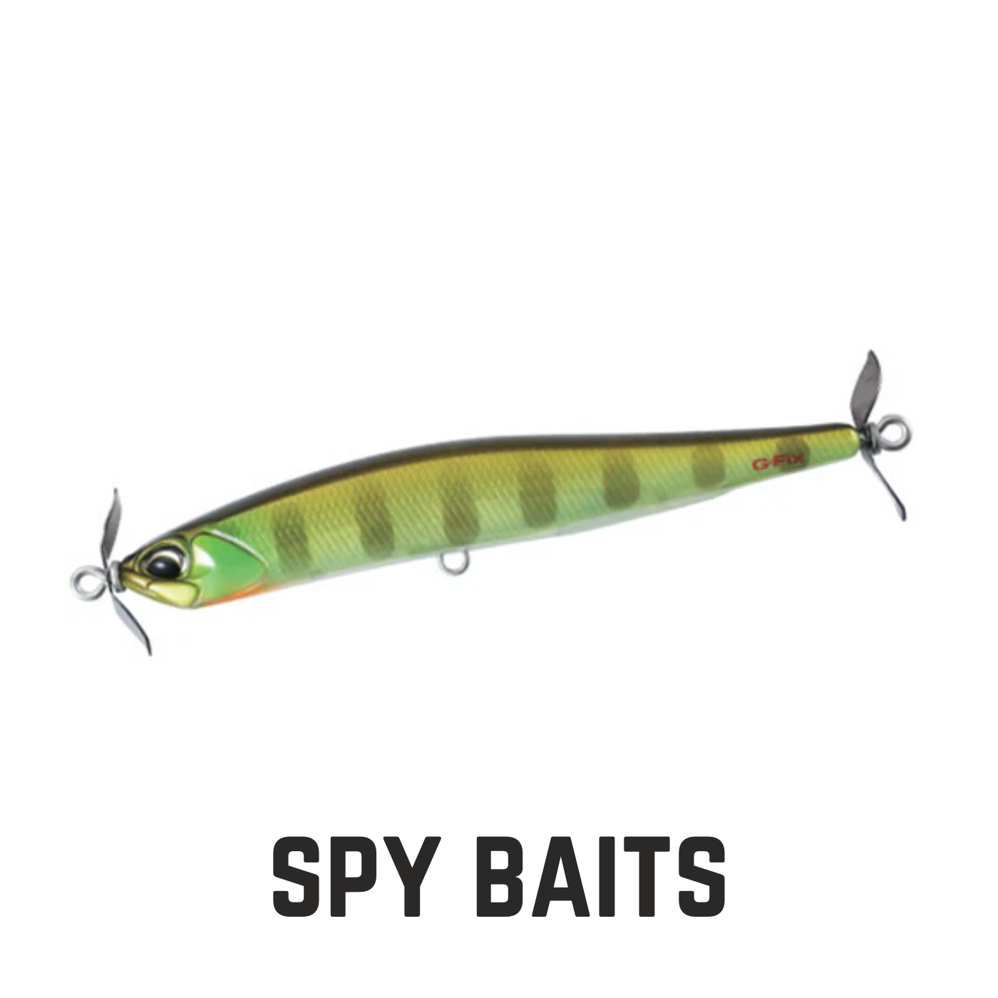 perch green and yellow spy bait with 1 prop on front and 1 prob on back with text overlay spy baits