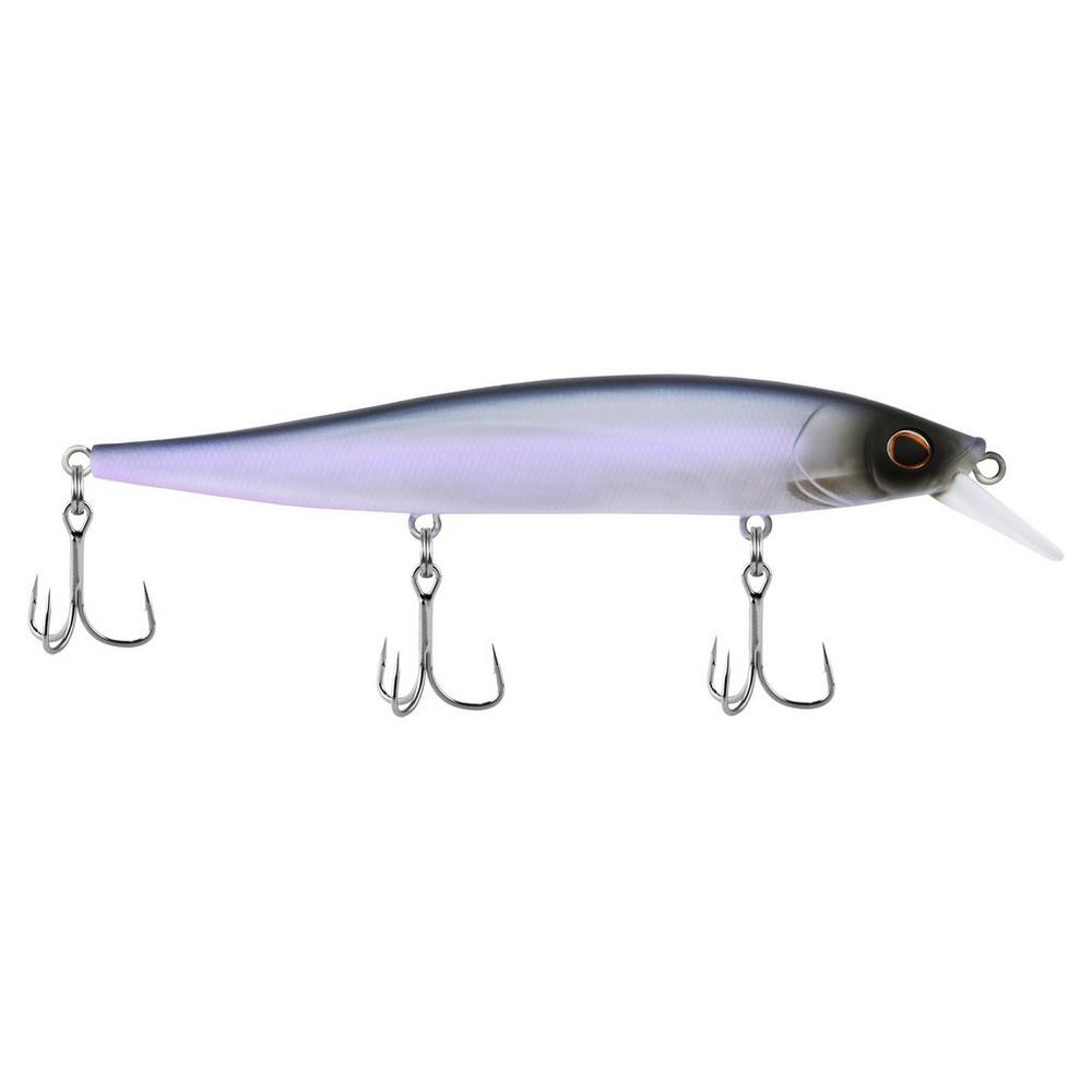 Berkley Stunna 112 Jerkbait fishing lure with a sleek, elongated body in purple and gray tones, featuring three sharp treble hooks and a clear diving lip for realistic movement.