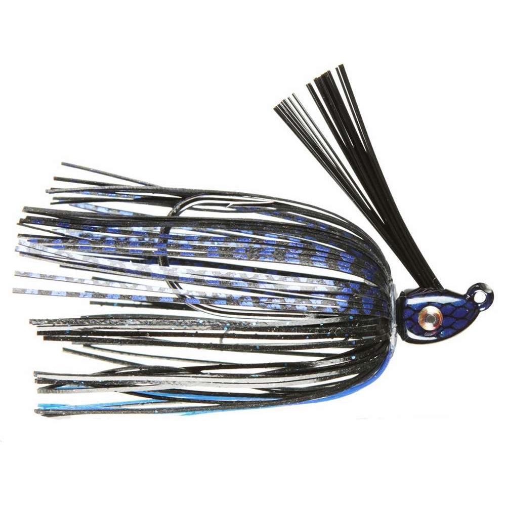 Strike King Hack Attack Heavy Cover Swim Jig in black and blue, featuring a weighted head with scale pattern, weed guard, and multi-colored skirt for fishing tackle use.