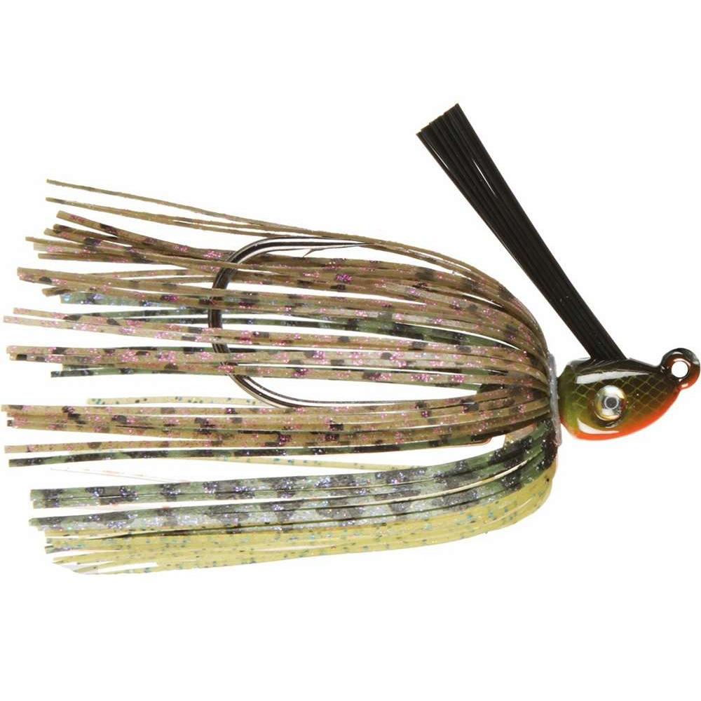 Strike King Hack Attack Heavy Cover Swim Jig featuring a detailed fish-shaped head, weed guard, and multi-colored skirt with camouflage and glitter for fishing tackle use.
