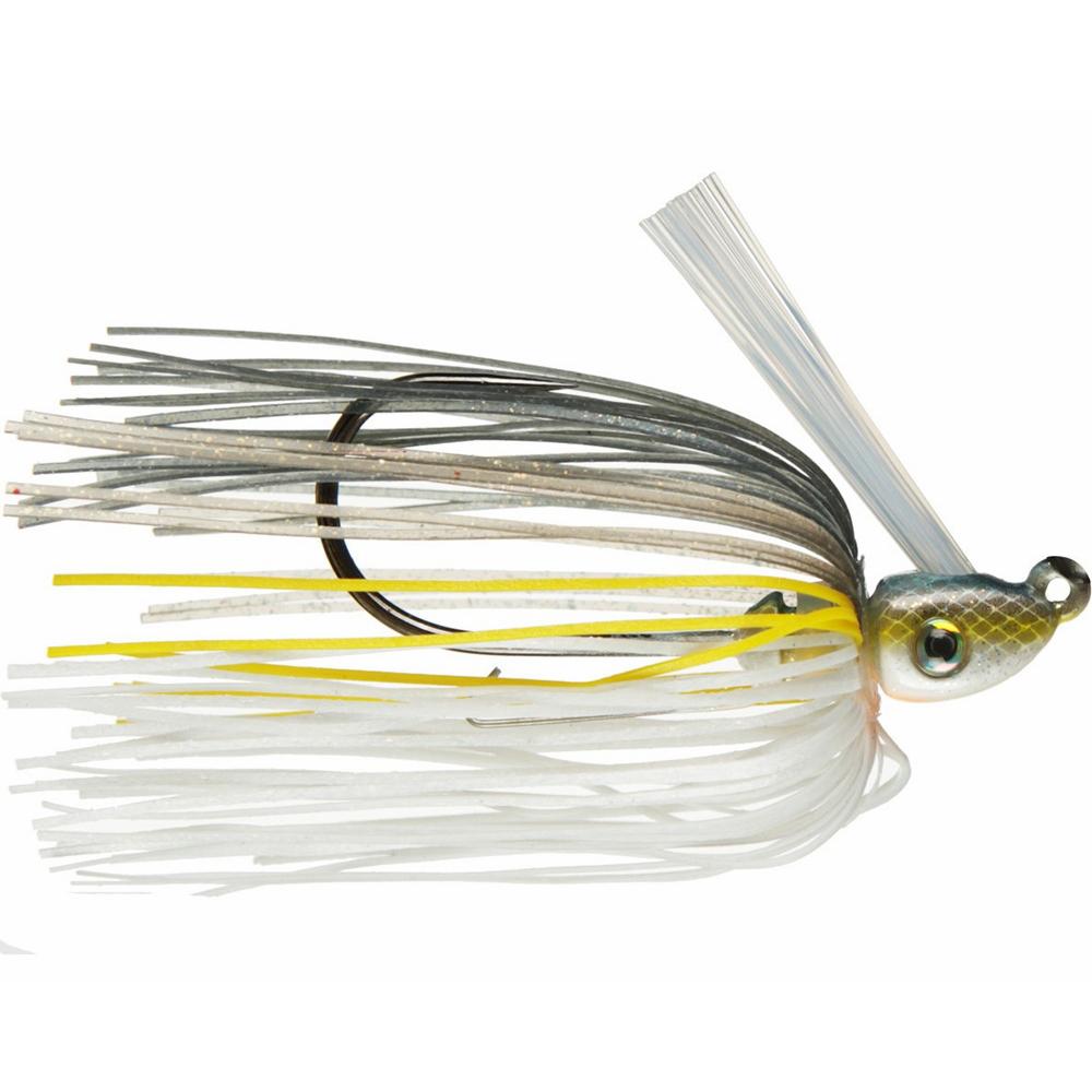 Strike King Hack Attack Heavy Cover Swim Jig with a detailed fishhead design, hook concealed by multi-colored silicone skirt in white, gray, and chartreuse for fishing tackle.