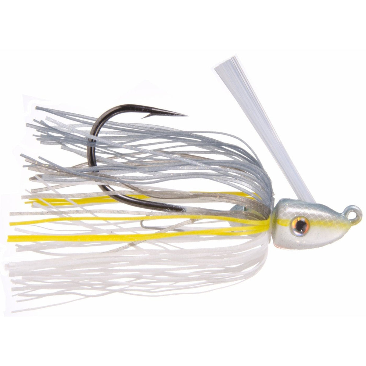 Strike King Hack Attack Heavy Cover Swim Jig with a silver and yellow skirt, realistic fish-head design, sharp hook, and weed guard for fishing tackle enthusiasts.