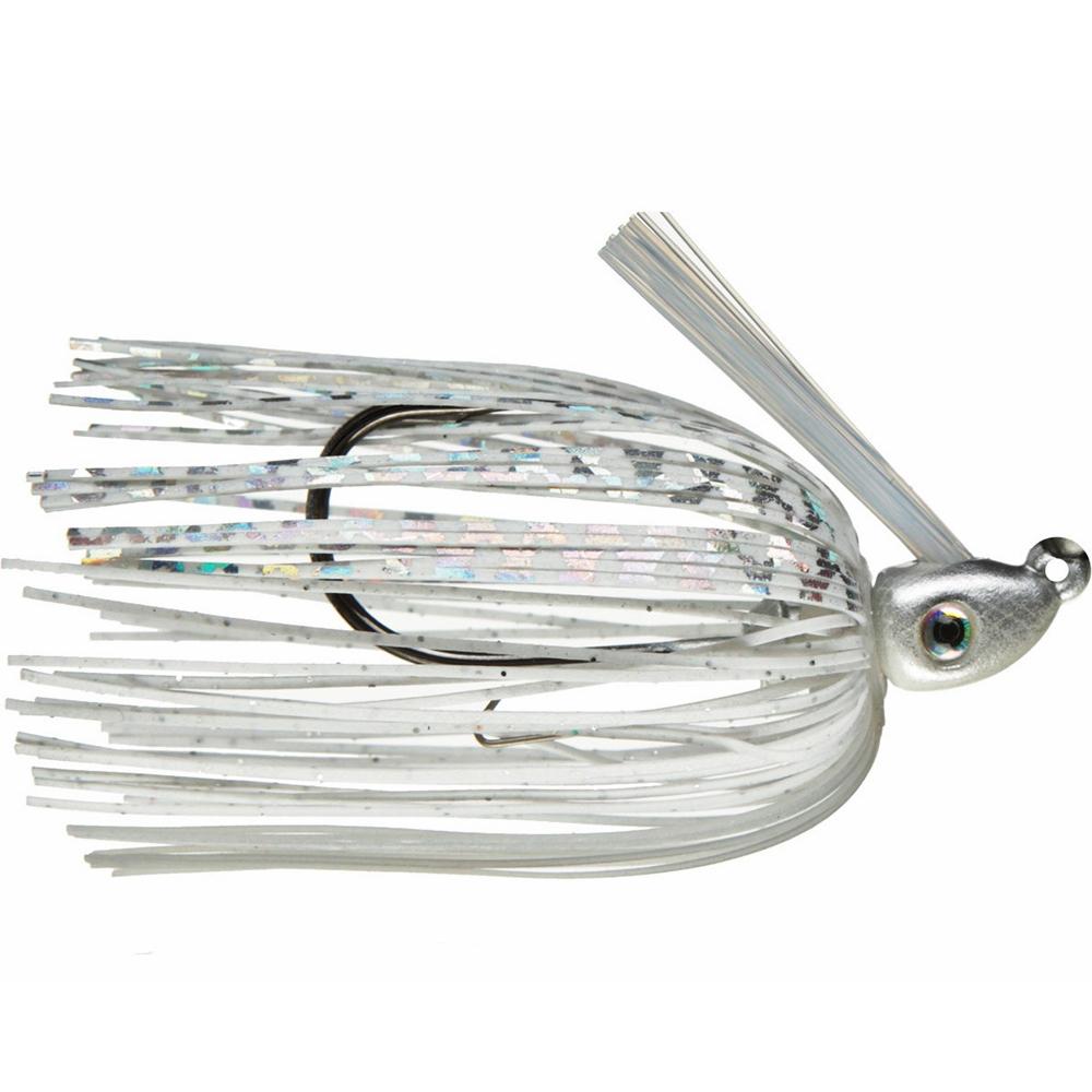 Strike King Hack Attack Heavy Cover Swim Jig with a silver, holographic skirt and weed guard, designed for fishing tackle and heavy cover water environments.