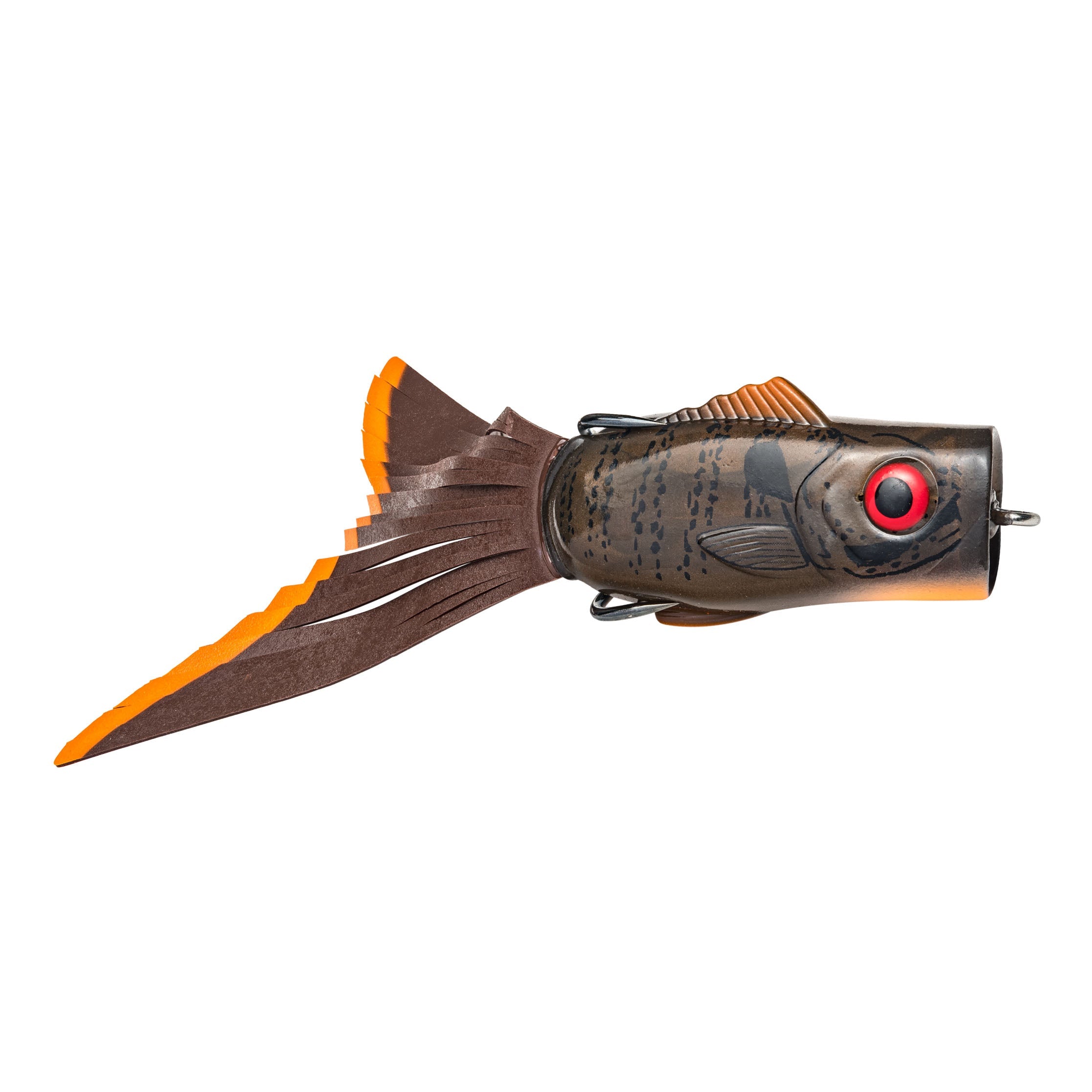 Strike King KVD Popping Perch fishing lure designed as a hollowbody frog with lifelike green pumpkin and brown coloring, featuring textured fins and red eyes for realistic fishing tackle.