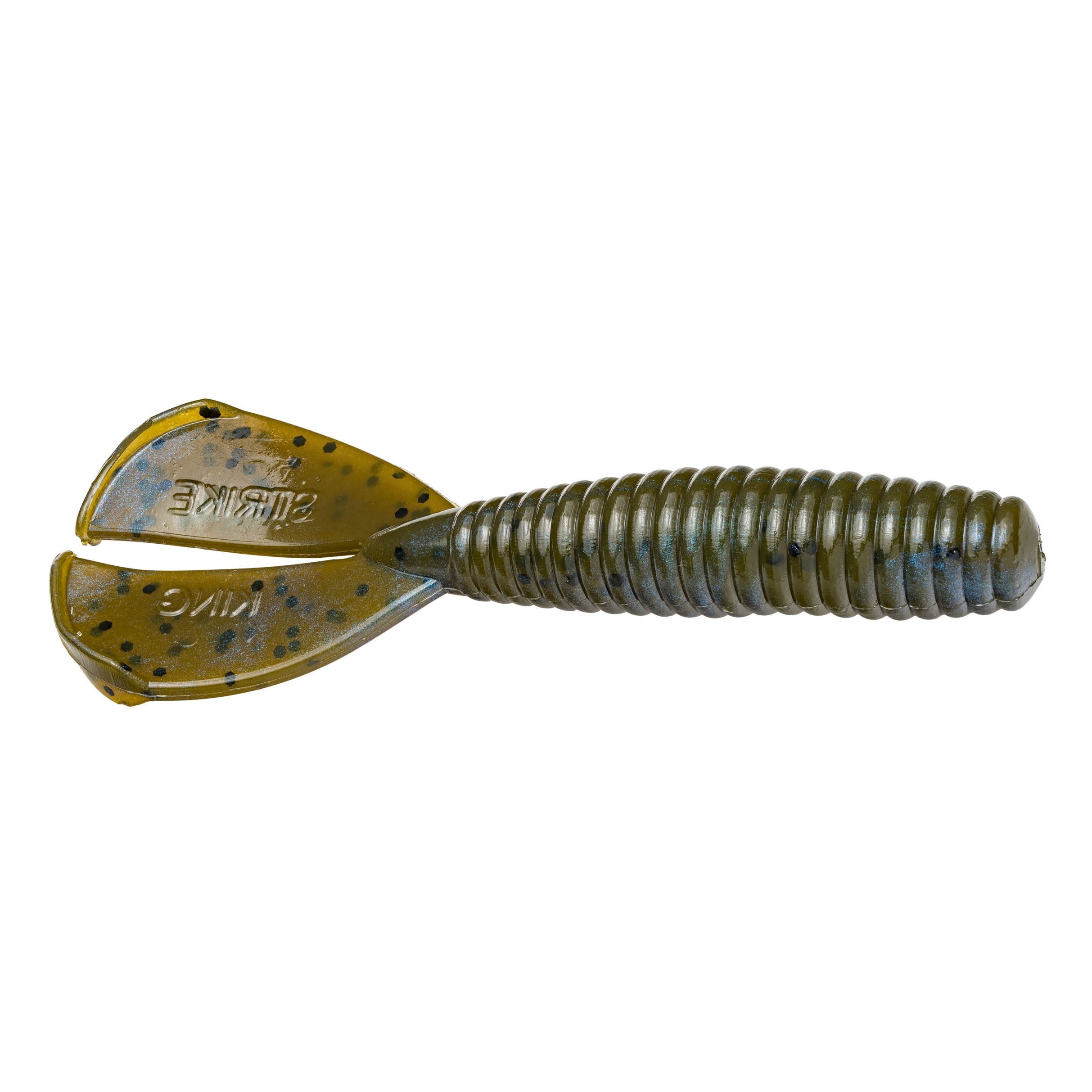 Strike King Magnum Rage Menace Grub soft plastic fishing lure in blue craw color, featuring a ribbed body and split tail designed for lifelike action in fishing tackle.
