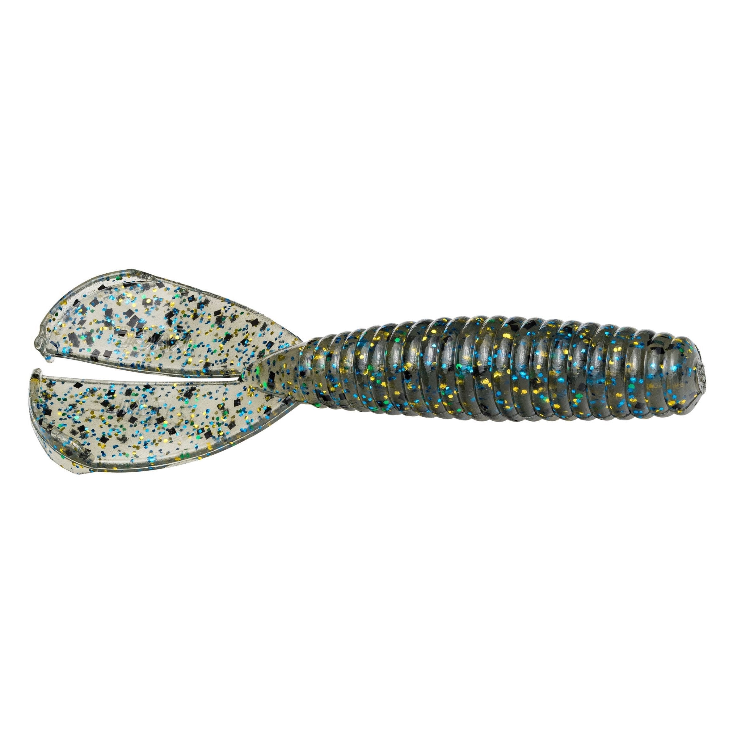 Soft plastic fishing lure with ribbed body and split tail in bluegill color, designed for freshwater fishing, shown as Strike King Magnum Rage Menace Grub.